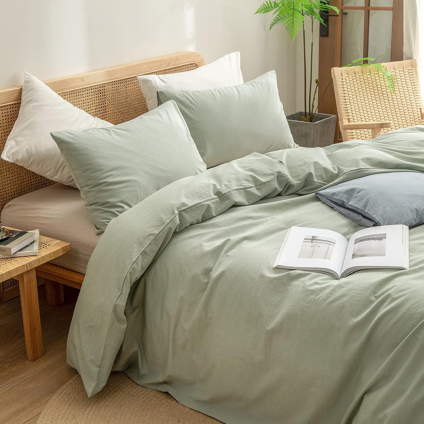 BESTOUCH Duvet Cover Set 100% Washed Cotton Linen Feel Super Soft Comfortable Chic Lightweight 3 PCs Home Bedding Set Solid Sage Green Oversized Queen