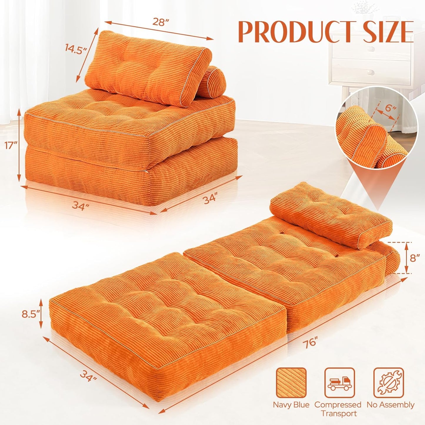 HABUTWAY Folding Sofa Bed, Convertible Sleeper Chair Bed w/Dual-Pillow & Handle, Foldable Floor Sofa Lounge w/Back Support for Living Room, Bedroom, Apartment, Office, Orange