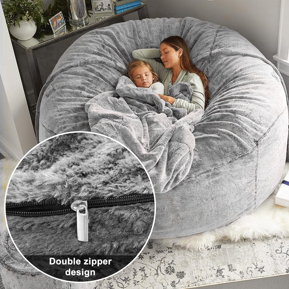 BCU Bean Bag Cover Comfy Beanbag Chair for Adults Without Filler Faux Fur Lazy Sofa Cover for Living Room Chairs, Black, 3.5FT
