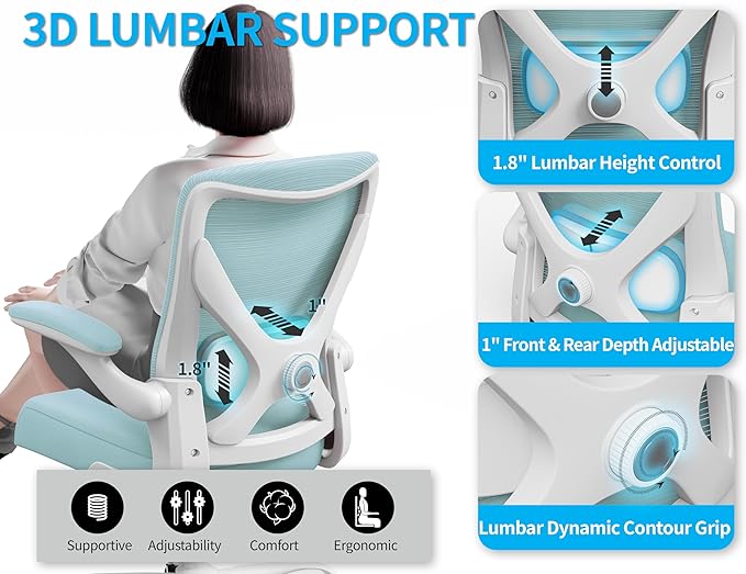 Office Chair - Ergonomic Desk Chair with Adjustable Lumbar Support, Mesh Computer Chair, Executive Office Chairs for Adults, Wide Seat Office Chair Back Support for Tall Men (Lake Blue)