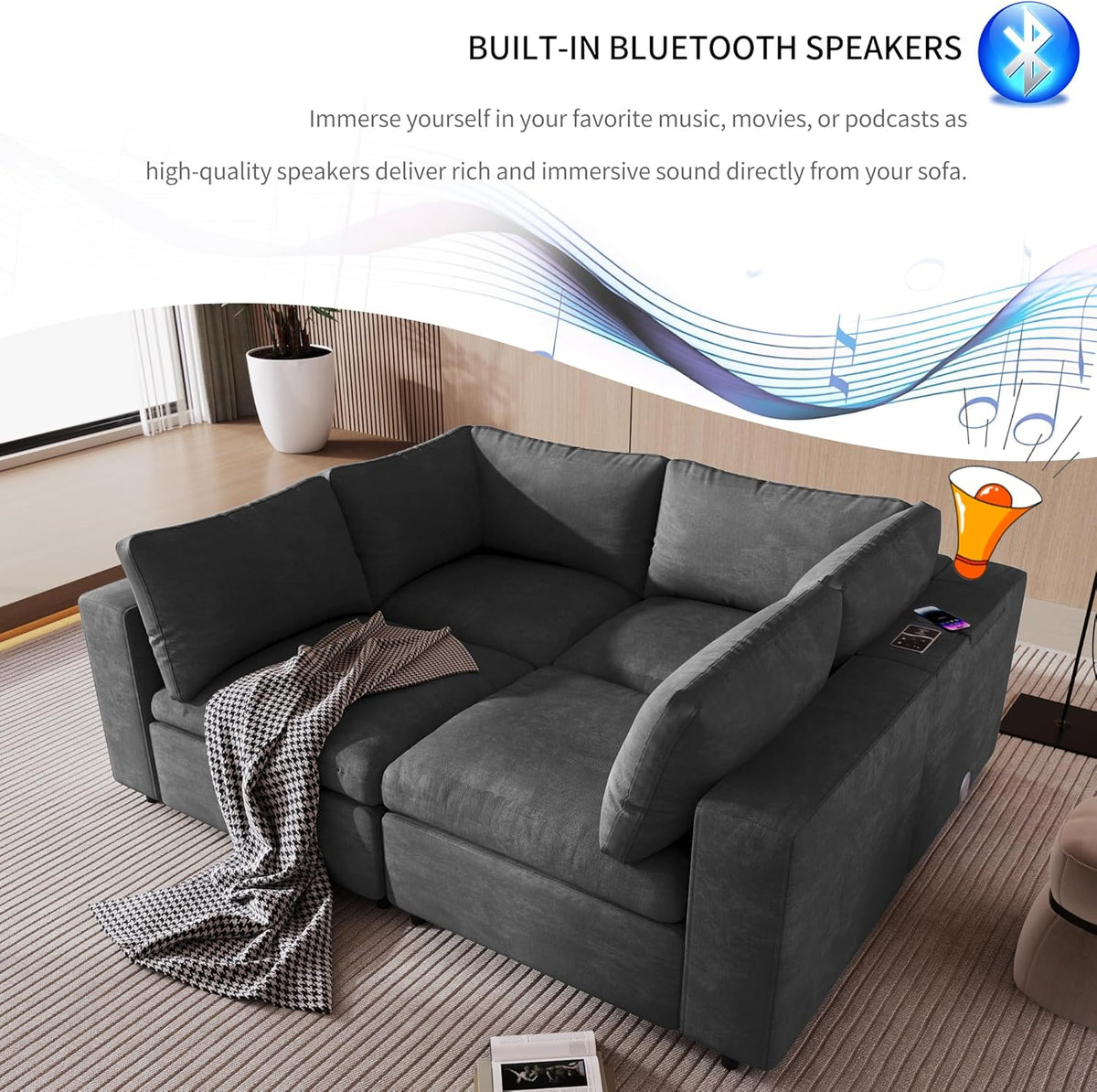 133.9 Inch Modular Convertible Sectional Sofa with Storage, USB Ports, Wireless Charging & Built-in Speaker in Arm, L-Shaped Upholstered Sleeper Couch for Living Room Office, Gray