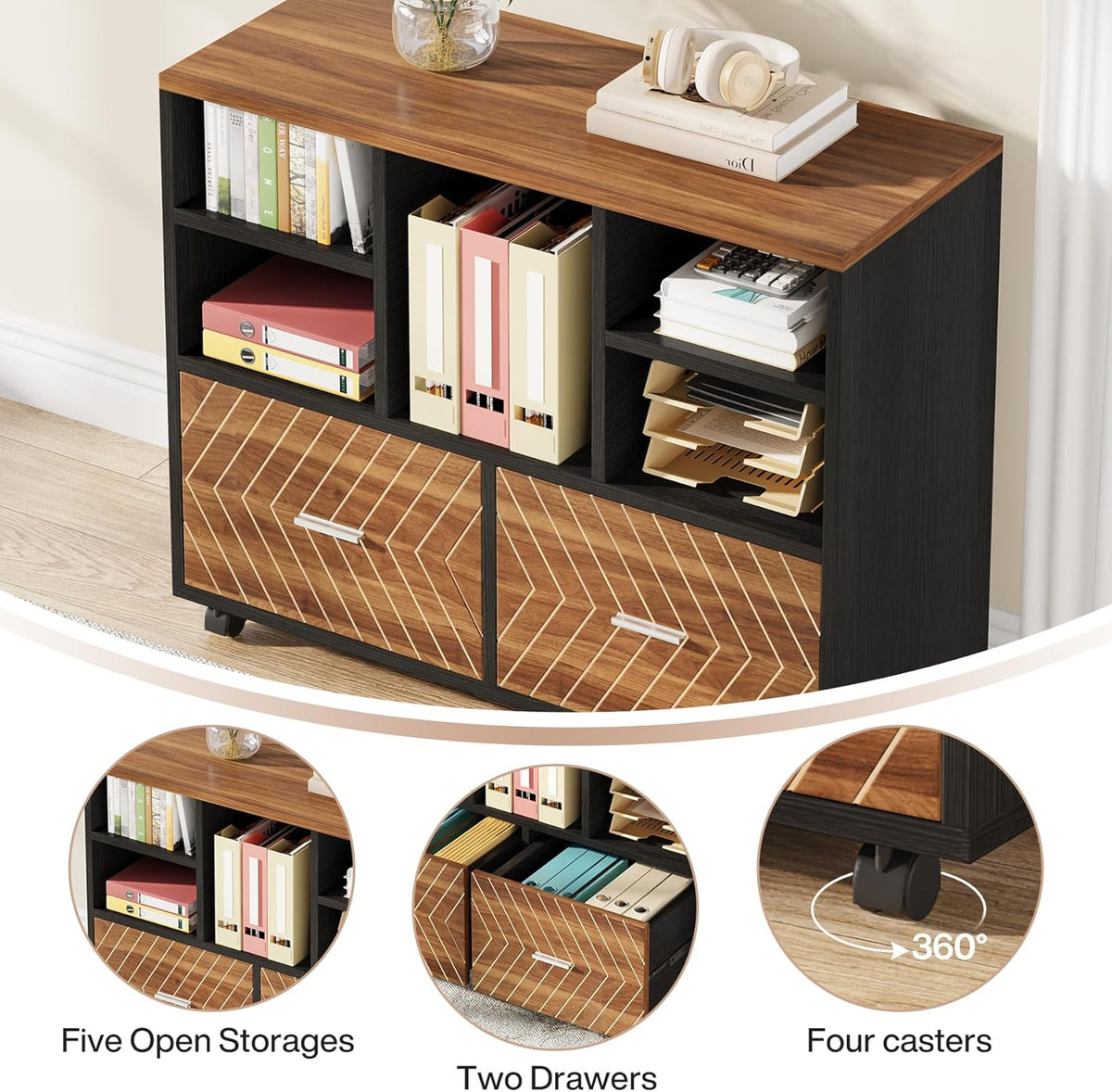 Tribesigns 2-Drawer Wood File Cabinet, Mobile Lateral Filing Cabinet for Hanging Letter Size Files, Printer Stand with Open Storage Shelves for Home Office (Walnut & Black)