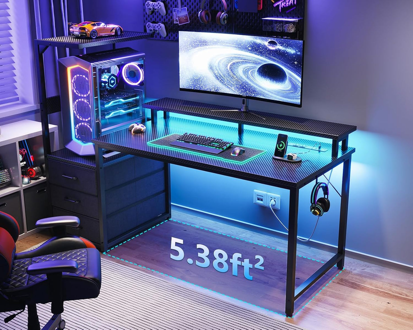 AODK 52 Inch Gaming Desk with USB Charging Ports & LED Light- Reversible Computer Desk with Storage Shelves & Monitor Stand, Modern Gamer Desk Table with Fabric Drawers & Side Hook, Carbon Fiber Black
