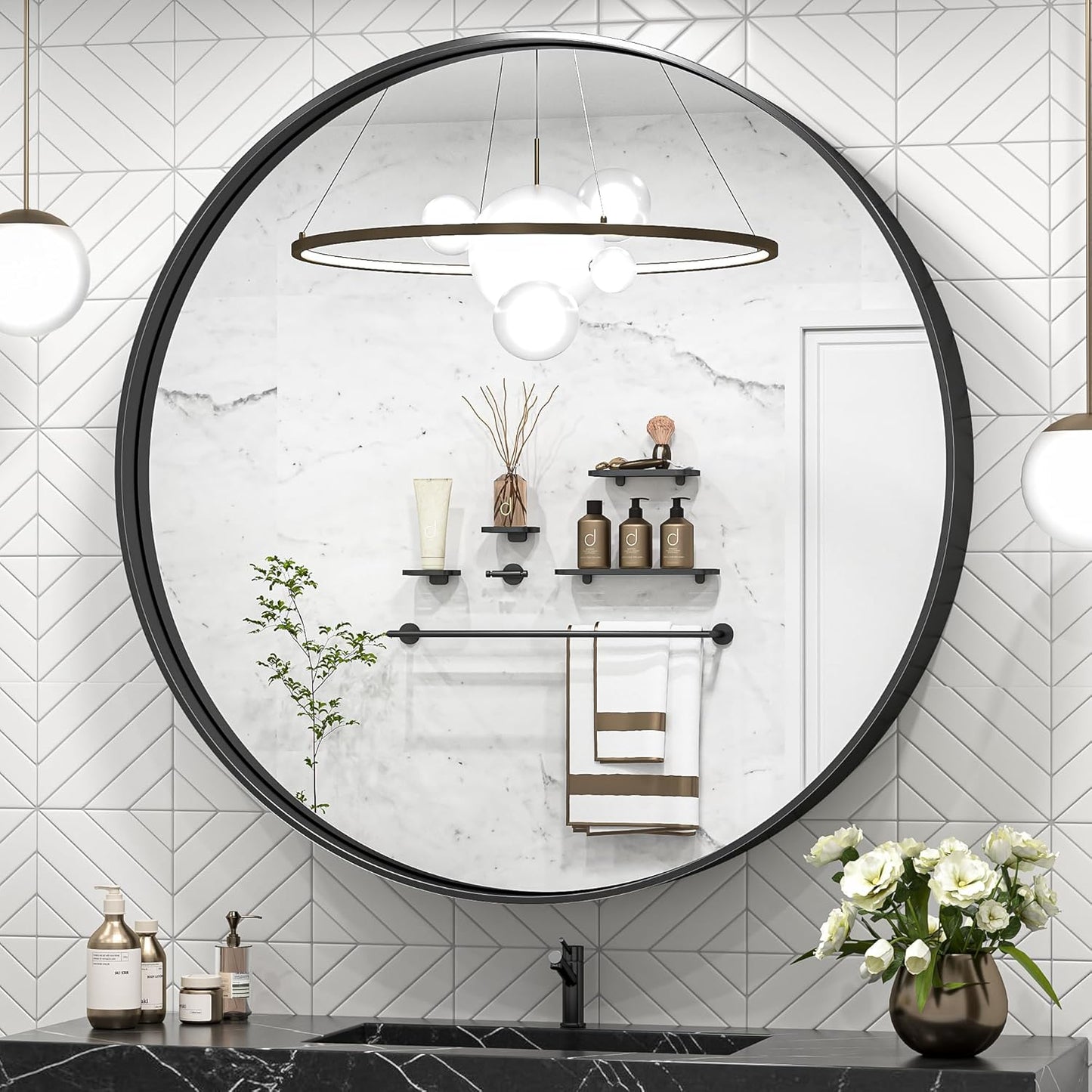 TokeShimi 40 Inch Round Black Bathroom Mirror for Wall with Non-Rusting Aluminum Alloy Brushed Matte Metal Frame for Modern Minimalist Farmhouse Home Decor