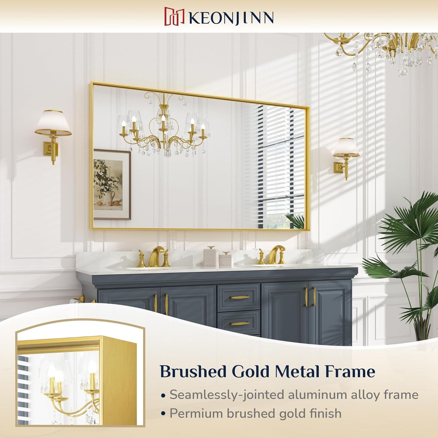 Keonjinn Gold 60 x 36 Inch Brushed Gold Metal Framed Rectangular Wall Mirror
