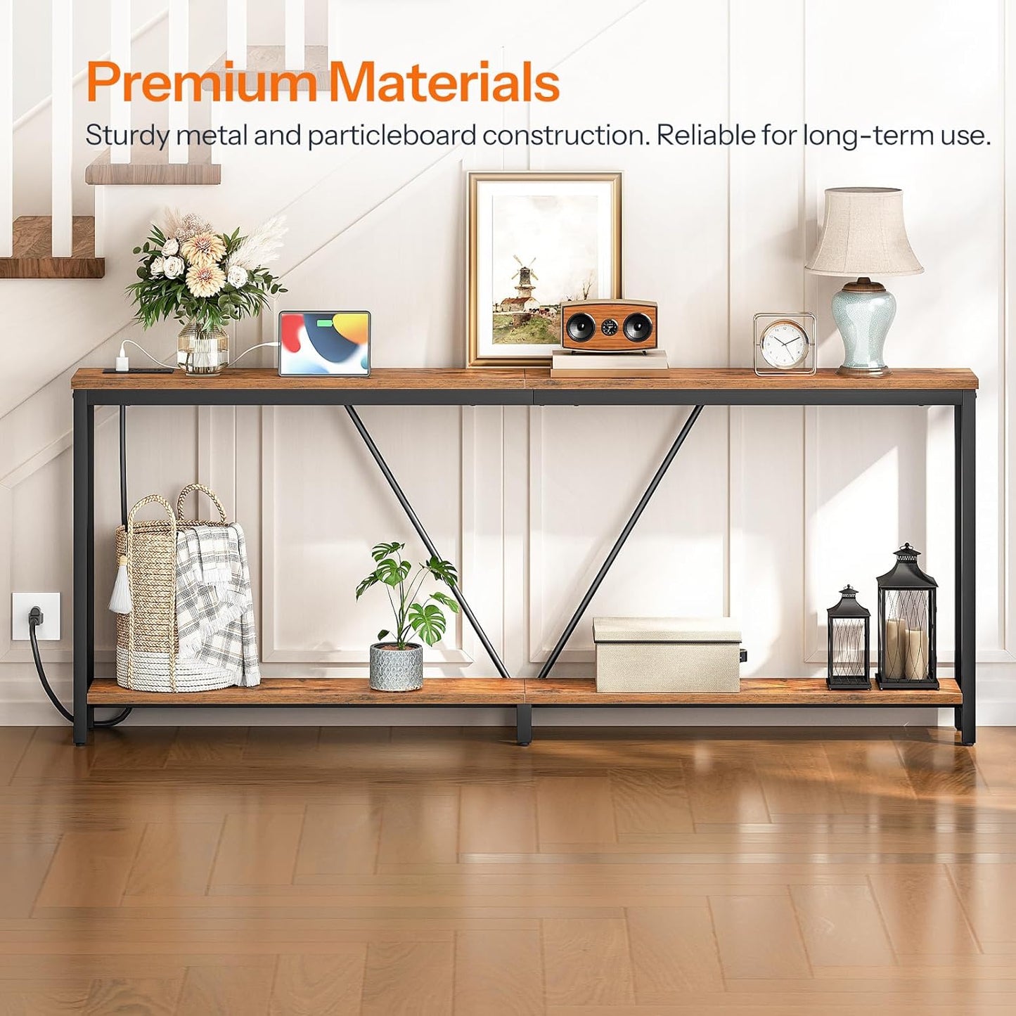 HOOBRO 78.7" Extra Long Sofa Console Table with Charging Station, 2-Tier Behind Couch Table with V-Brace, for Narrow Entryway, Hallway, Living Room, Rustic Brown BF206UXG01