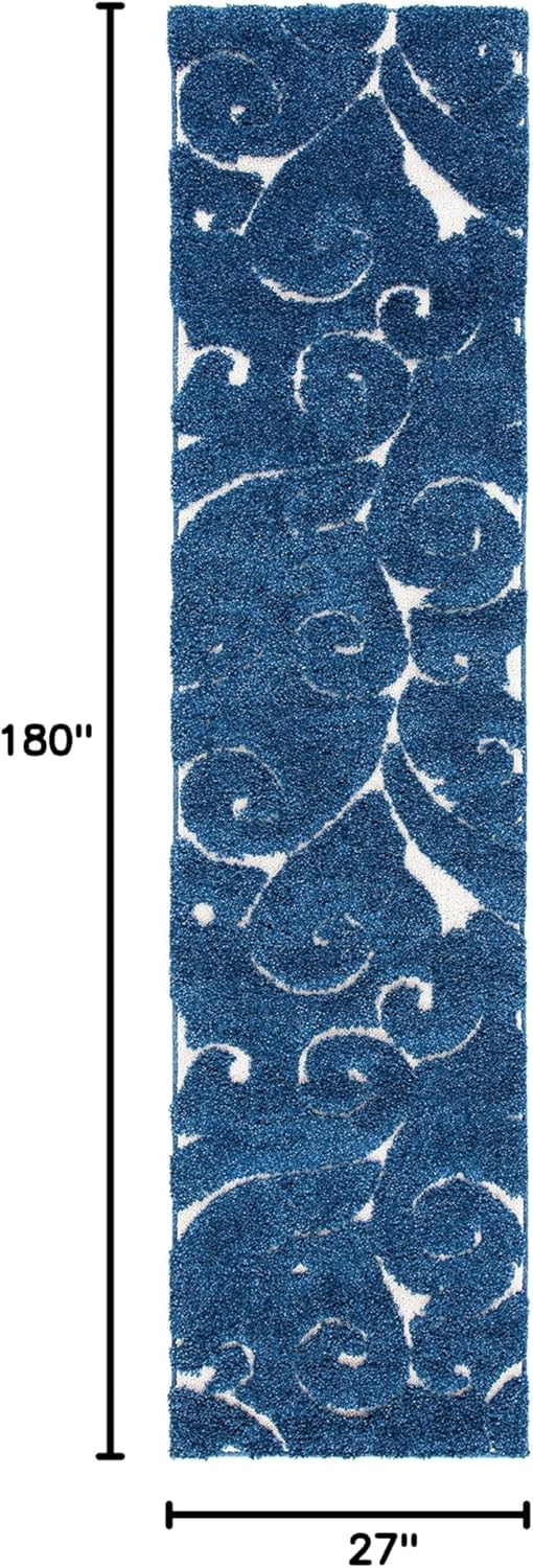 SAFAVIEH Florida Shag Collection Runner Rug - 2'3" x 15', Dark Blue & Cream, Scroll Design, Non-Shedding & Easy Care, 1.2-inch Thick Ideal for High Traffic Areas in Living Room, Bedroom (SG455-6511)
