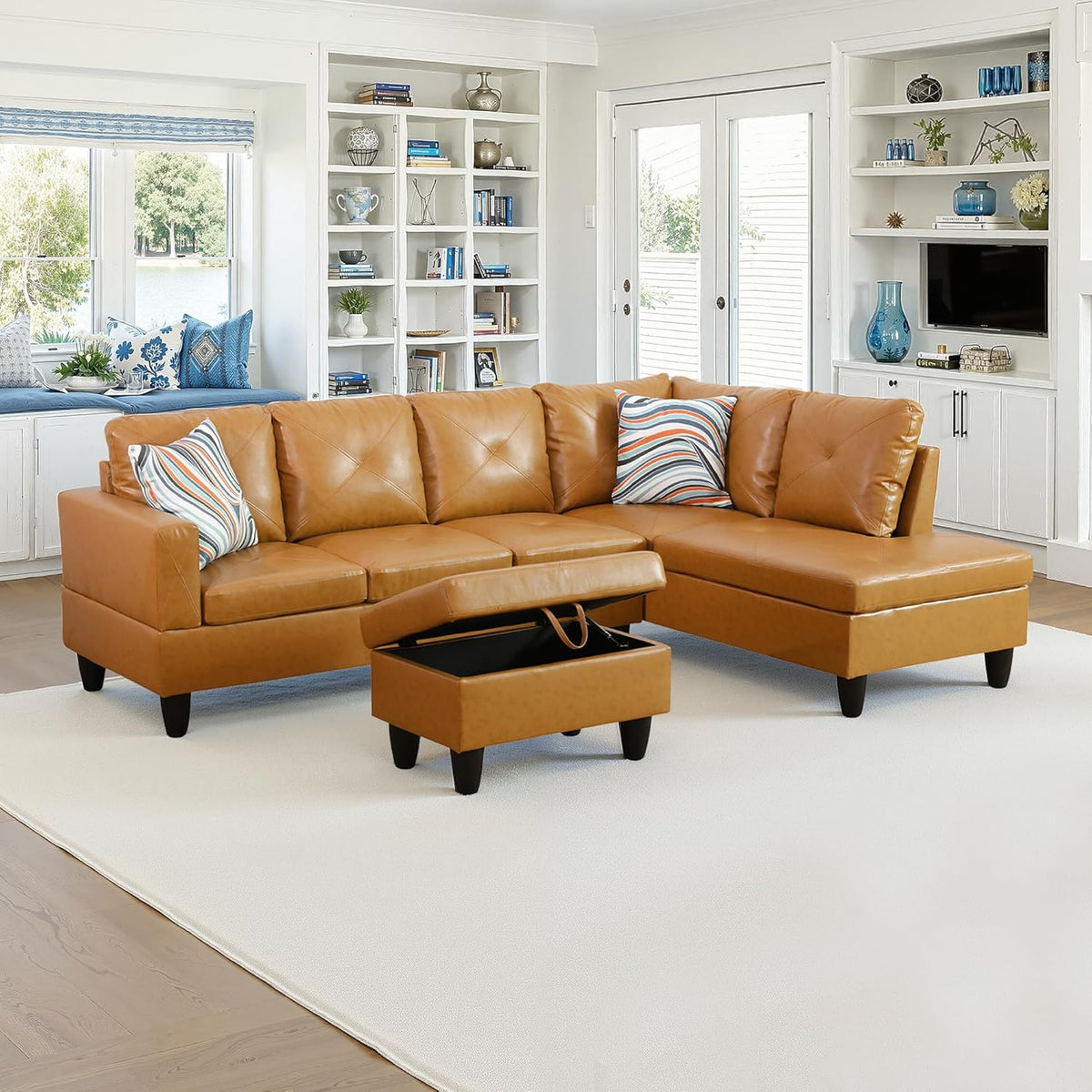 NicBex Sectional Couch 3 Pieces Sofa Set with Left Chaise Faux Leather L Shaped Cloud Couch for Living Room Furniture Sets with Storage Ottoman, Modular Sofa for Living Room & Apartment, Ginger