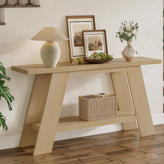 Treocho 63 Inch Long Console Tables for Entryway, 2-Tier Modern Wood Sofa Table with Shelf Behind Couch, Contemporary Narrow Entryway Table for Living Room, Hallway, Entrance, Hallway, Entrance, Oak