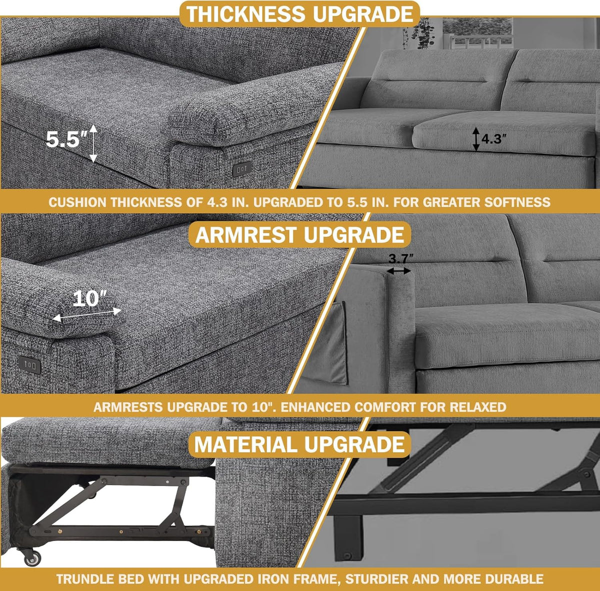 Vipbear 3-in-1 Chenile Convertible Sofa Bed, Pull Out Sleeper Sofa with USB Charging Station/Reclining Backrest/Side Pocket, Loveseat for Living Room, Apartment, Tool-Free Assembly, Dark Grey