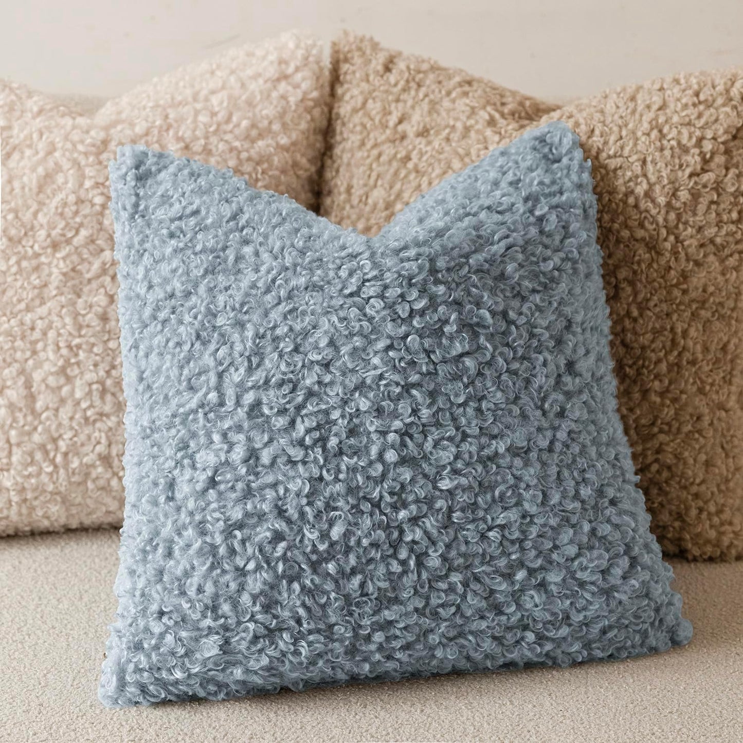 Foindtower 2 Pieces 16x16 Inch Misty Blue,Faux Fur Throw Pillow Cover Accent Sherpa Furry Pillow Covers Fuzzy Soft Pillowcases Cozy Sheepskin Decorative Fleece Cushion Case for Bed Couch Living Room