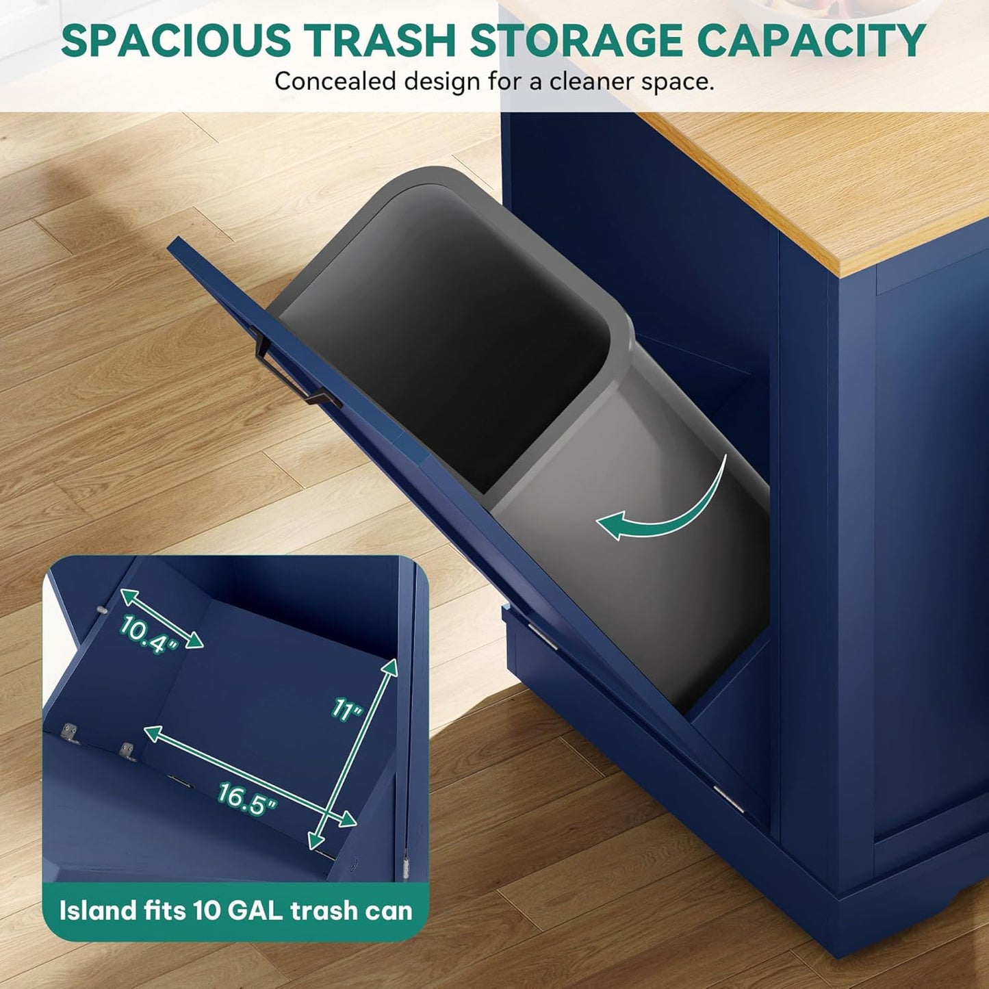 YITAHOME 50" Kitchen Island with Power Outlet & Drop Leaf, Rolling Island Cart with Trash Can Cabinet, Mobile Storage Islands with Microwave Rack, Door Storage Spice Rack, Navy Blue