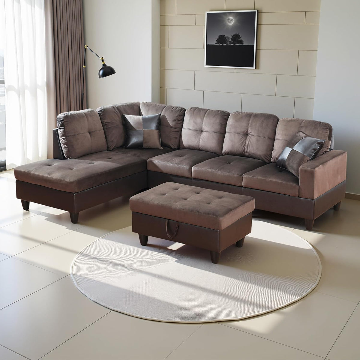 L Shaped Couch Upholstered Flannel Fabric 3 Pieces Sofas for Living Room with Chaise, Storage Ottoman for Office and Small Apartment, Dark Brown
