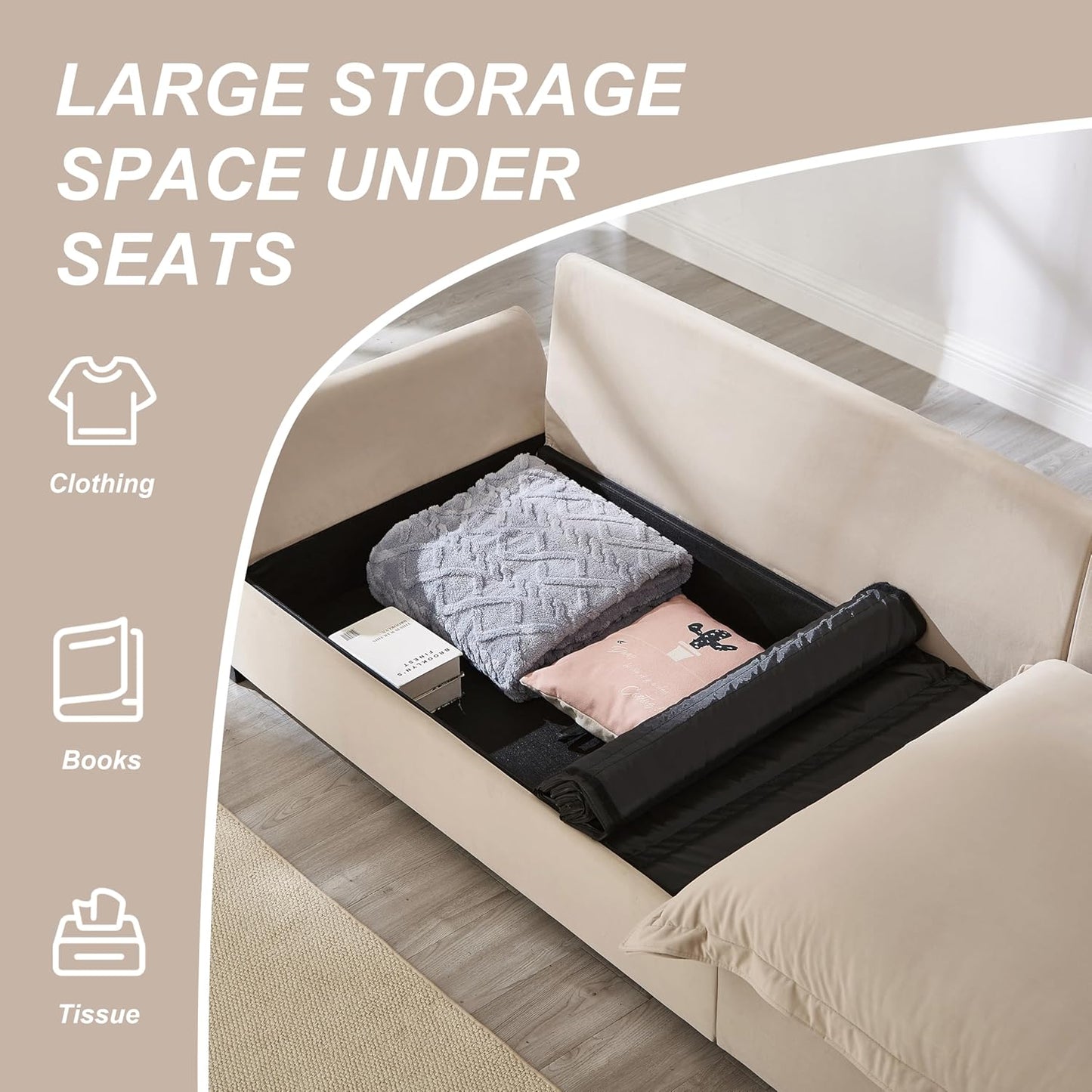 126 Inch Sailing Design Modular Sectional Cloud Sofa with Storage, Modern Deep Seat Couch w/Throw Pillows & Removable Backrest for Living Room Bedroom Apartment,Light Khaki