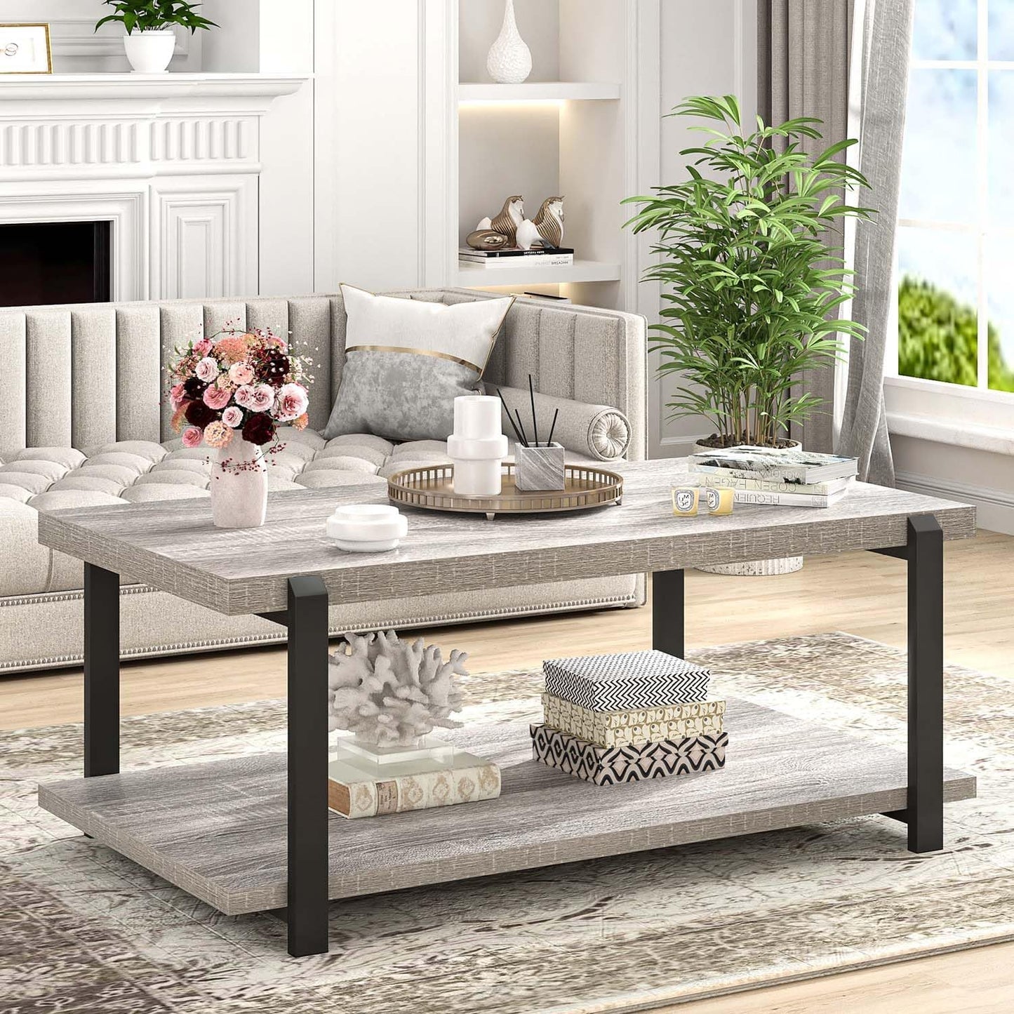 FOLUBAN Rustic Coffee Table, Modern Wood Center Table for Living Room, Industrial 2 Tier Rectangle Low Cocktail Tea Table with Storage Shelf, Light Grey