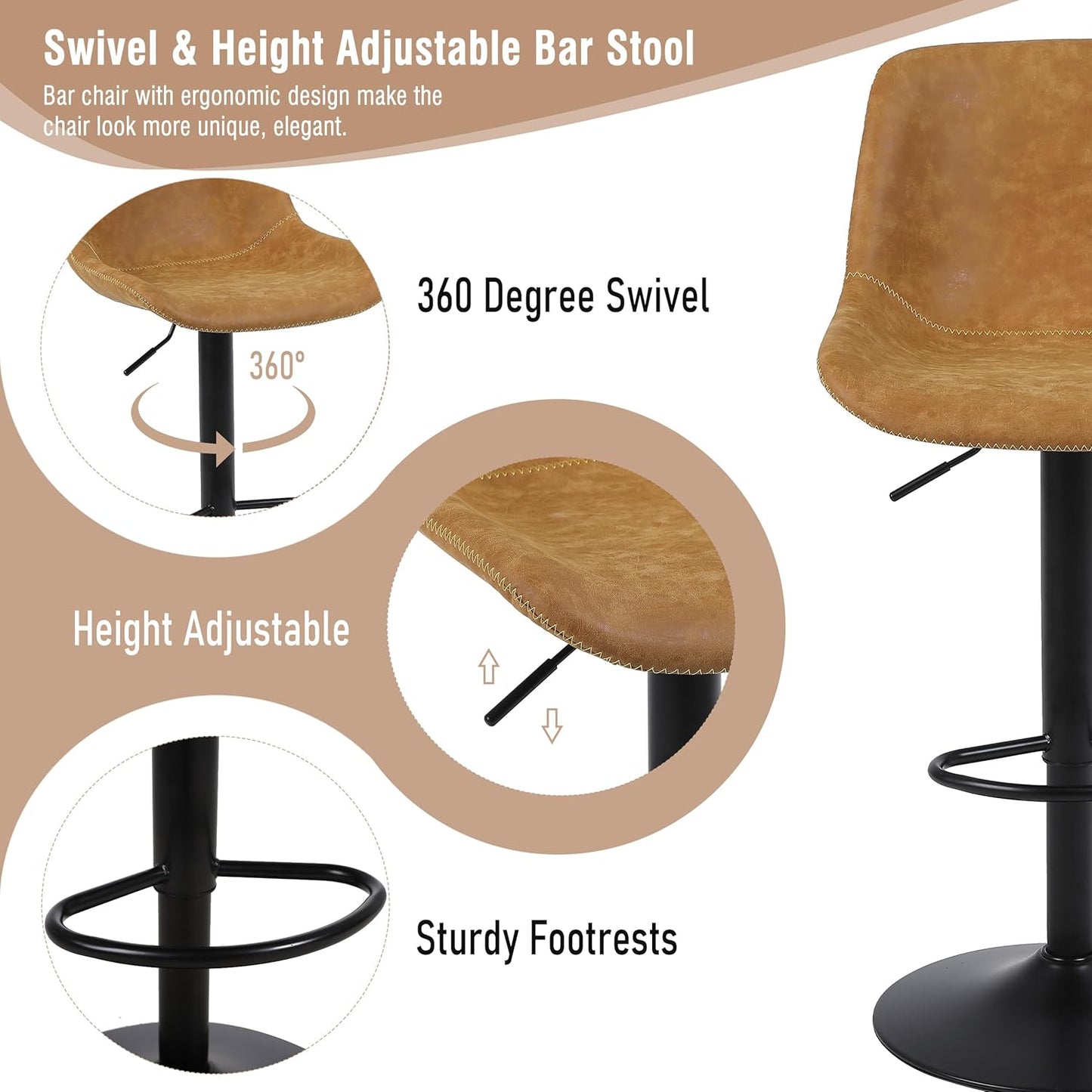 Bar Stools, Swivel Counter Height Barstools with Back, Adjustable Modern Bar Chairs, Tall Armless PU Leather Kitchen Island Stool (Yellow, Set of 4)