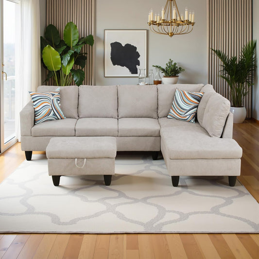 97" Oversized Sectional Couch, L Shaped Couch with Storage Ottoman, Modern Modular Sofa with Deep Seat, Sectional Couches for Living Room and Office, Off-White (Flannelette)