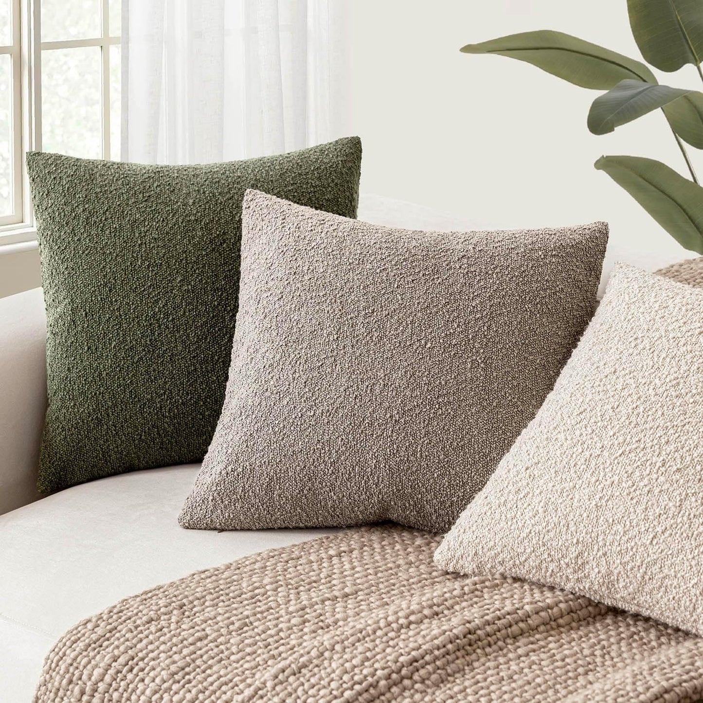 Foindtower Set of 2, Decorative Textured Boucle Throw Pillow Covers Accent Solid Pillow Cases Neutral Soft Cozy Couch Cushion Case for Chair Sofa Bedroom Living Room Home Decor 26x26 Inch Light Taupe