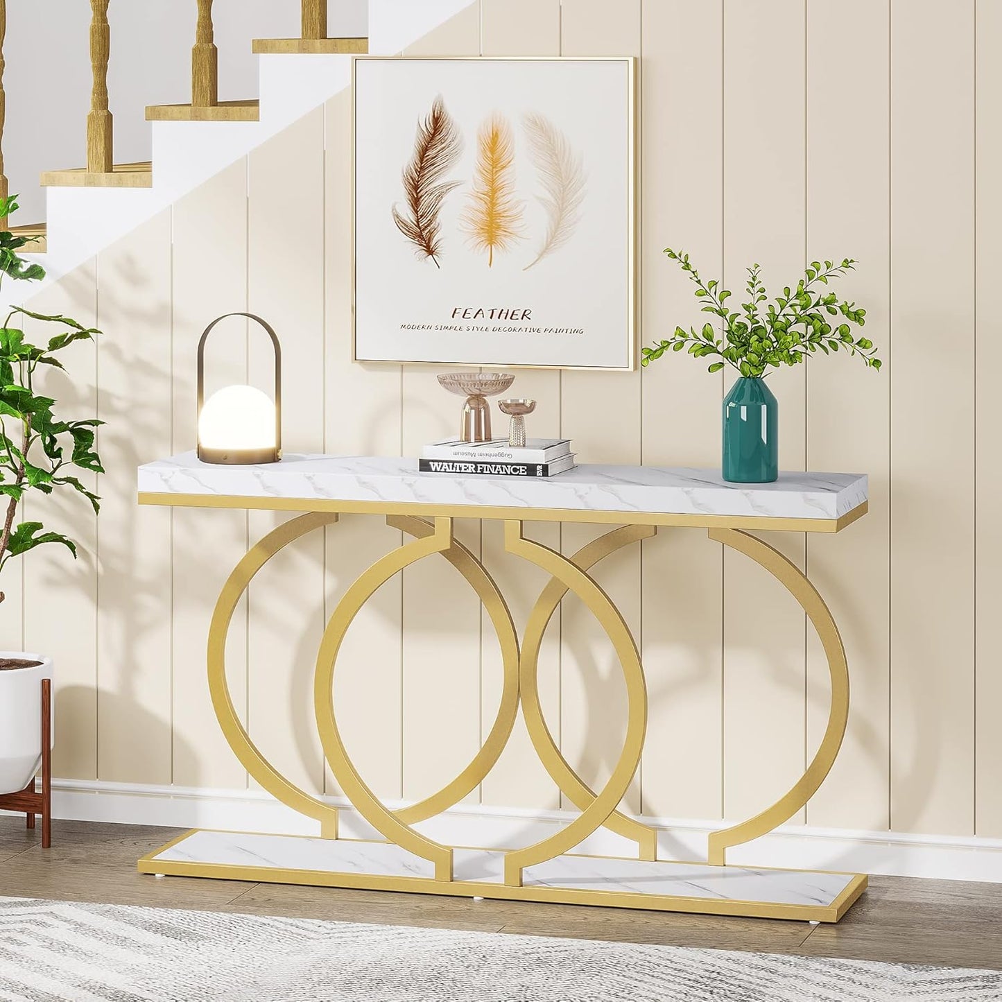 LITTLE TREE 55 inch Faux Marble Gold Console Table Modern Entryway Table Narrow Long Sofa Table Accent Table for Living Room, White and Gold