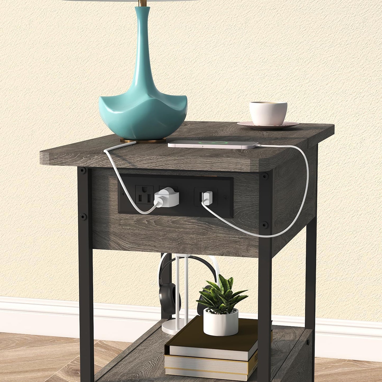 SOOWERY End Table with Charging Station, Narrow Side Table with Flip Top Cabinet and Fabric Drawer, Nightstand Bedside Tables for Small Spaces, Bedroom, Living Room, Dark Grey