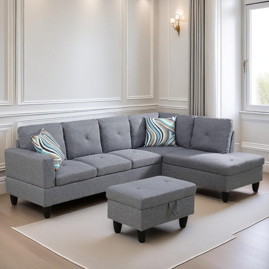 L Shaped Sectional Couch Sofa, Modern Couches for Living Room, Comfy 4 Seat Modular Sectional Sofa with Ottoman Storage for Bedroom Apartment, Gray