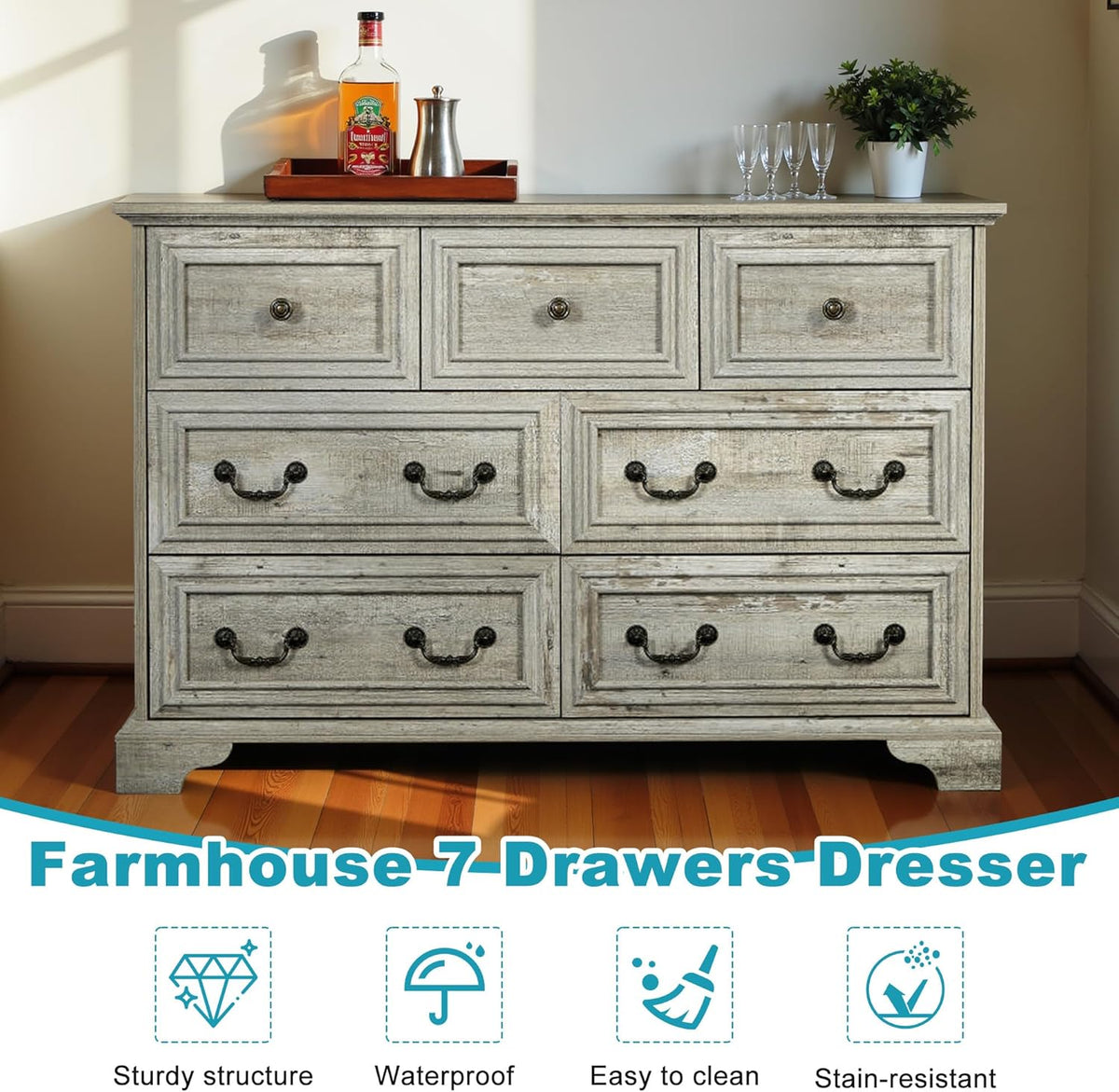 47.2" Farmhouse Sideboard Buffet Cabinet with Storage, Kitchen Buffet Storage Cabinet with 7 Drawers, Modern Wood Accent Sideboard for Living Room, Kitchen, Hallway(Ancient Oak)