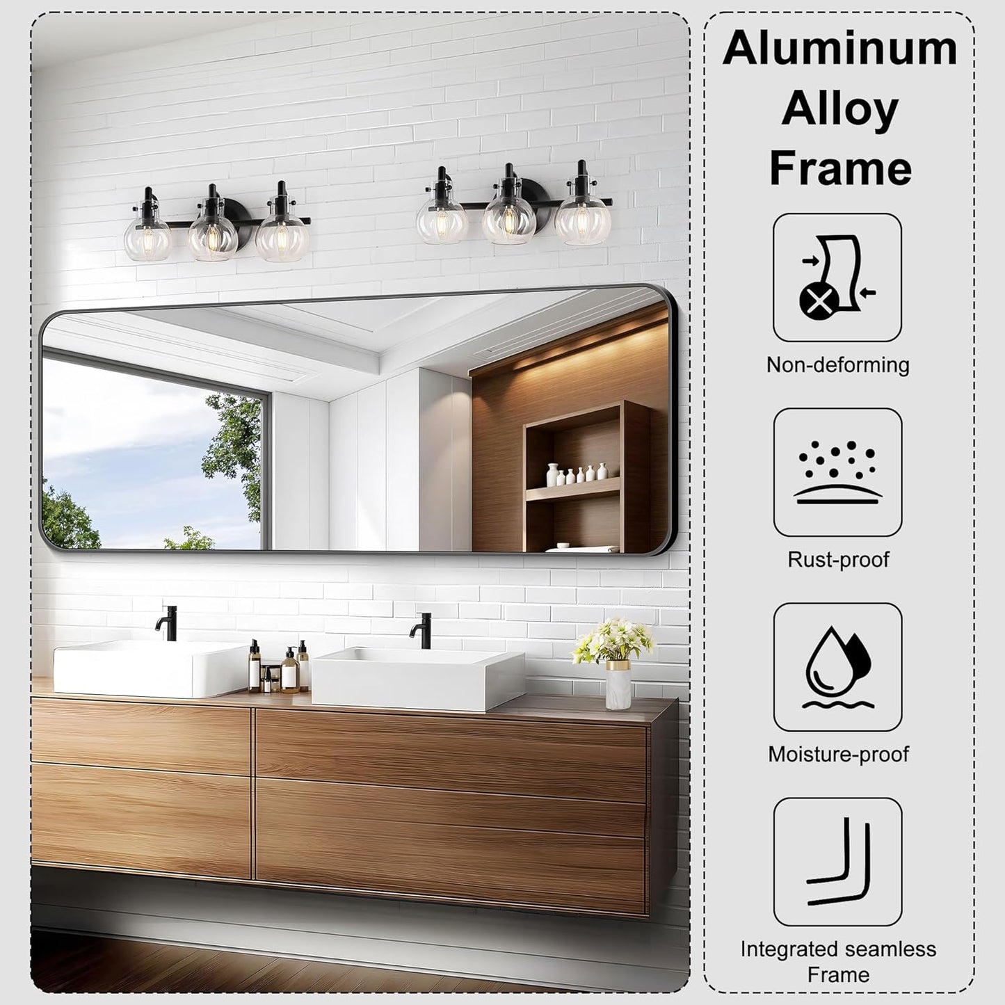 KOCUUY Black Bathroom Mirror 60"x28", Large Vanity Mirror with Rounded Corner, Metal Black Frame with Mordern Design for Bathroom, Living Room, Entryway, Hang Horizontal/Vertical