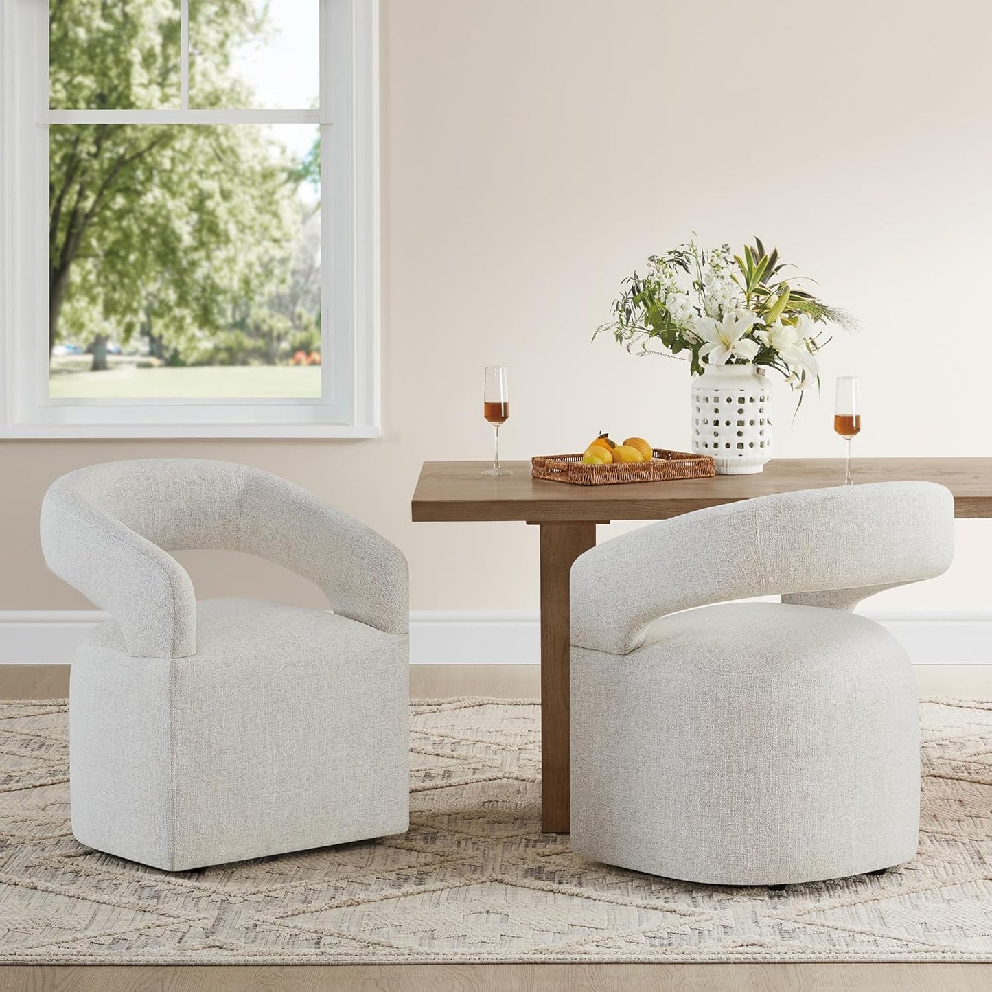 Upholstered Dining Chairs with Casters Modern Barrel Side Armchair with Rollers for Diningroom Bedroom Livingroom Reading Room, Beige, 1PCS
