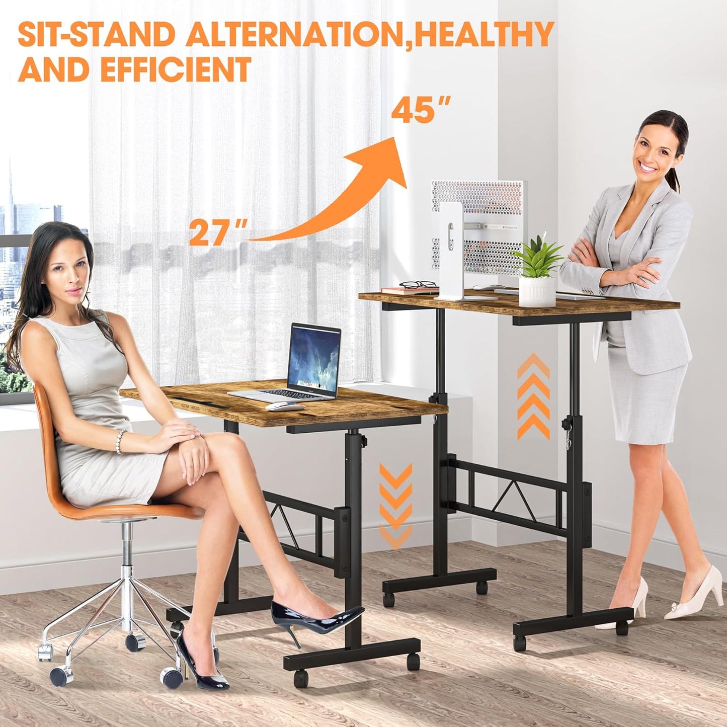 Klvied Small Standing Desk Adjustable Height, Mobile Table with Wheels, Portable Laptop Table, Standing Computer Desk for Walking Pad (Brown)