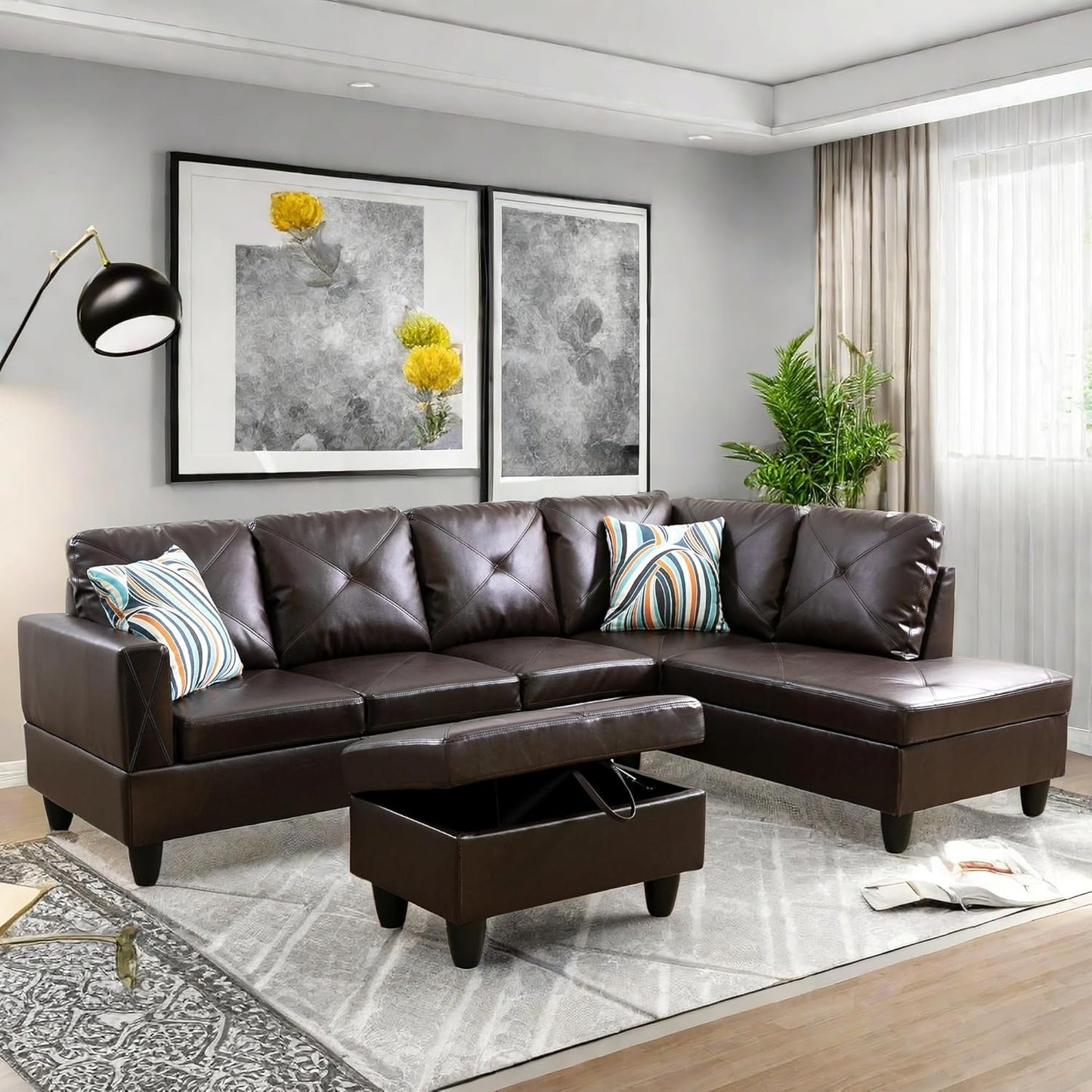 Modular Leather Sectional Couch, L Shaped Couch with Storage, Convertible Sofa with Ottomans, Modern Sectional Sofa for Living Room and Office, 5 Seat, Brown