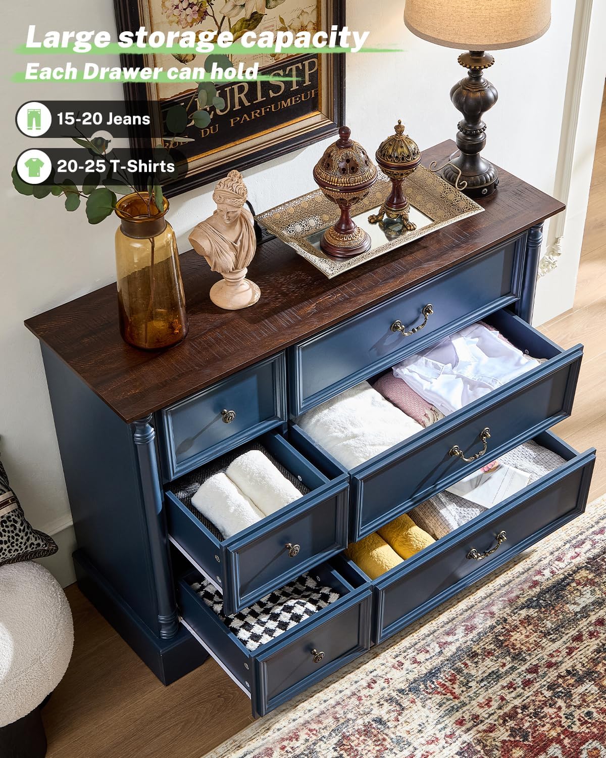 Farmhouse 6 Drawers Dresser for Bedroom with Charging Station, Wood Country Rustic Storage Dressers Organizer, Vintage Design