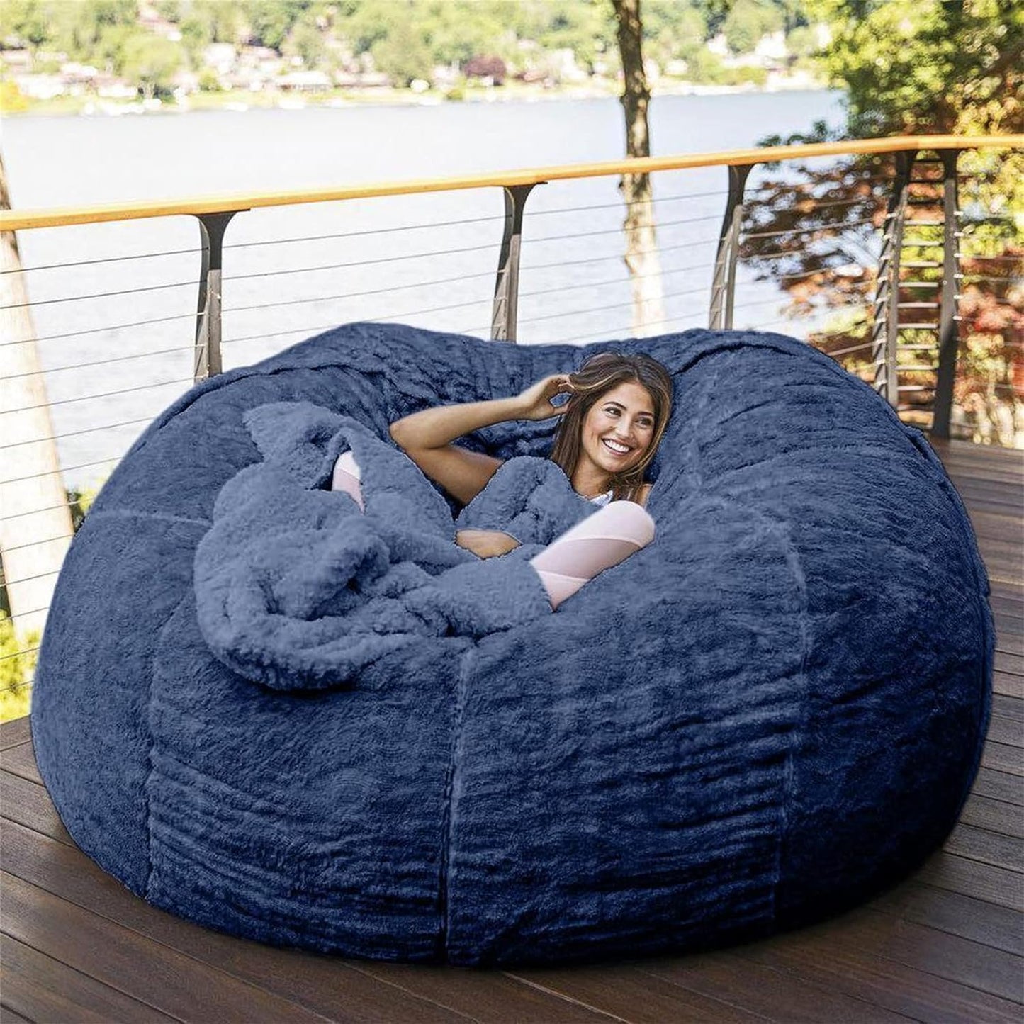 Giant Fur Bean Bag Chair Cover for Kids Adults, (No Filler) Living Room Furniture Big Round Soft Fluffy Faux Fur Beanbag Lazy Sofa Bed Cover (Blue, 7FT)