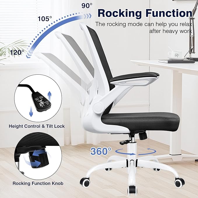 Ergonomic Office Chair, Mesh Computer Chairs with Lumbar Support, Swivel Desk Chair with Flip-up Arms and Adjustable Height, White