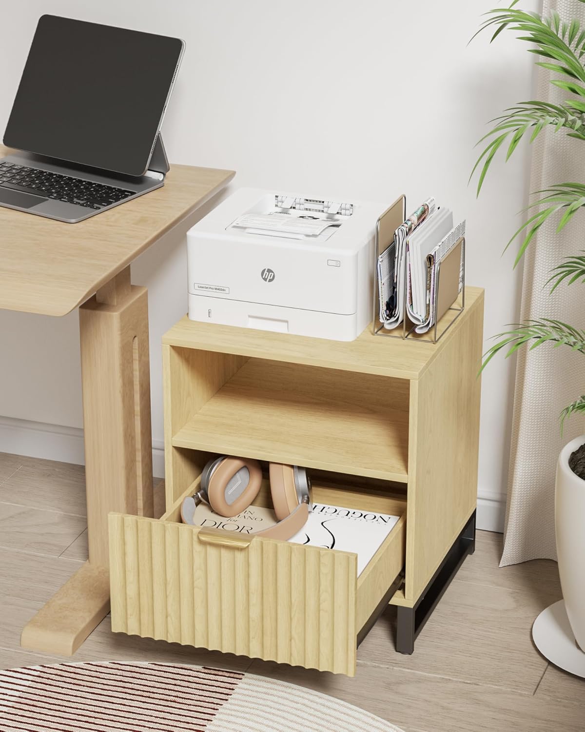 Fluted Night Stand Set 2 with Charging Station, Wood Nightstand with Large Drawer and Open Storage Cabinet, Mid-Century Modern Bedside Table End Table for Bedroom Closet Office