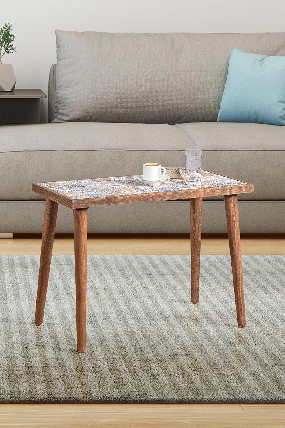Comfyt Coffee Table, Side End Table, Nightstand Nesting Table Home Decor Bedside Table Accent Table Home Essentials Wood Tiled Top Rustic Ceramic Tiles Mexican Tile Table