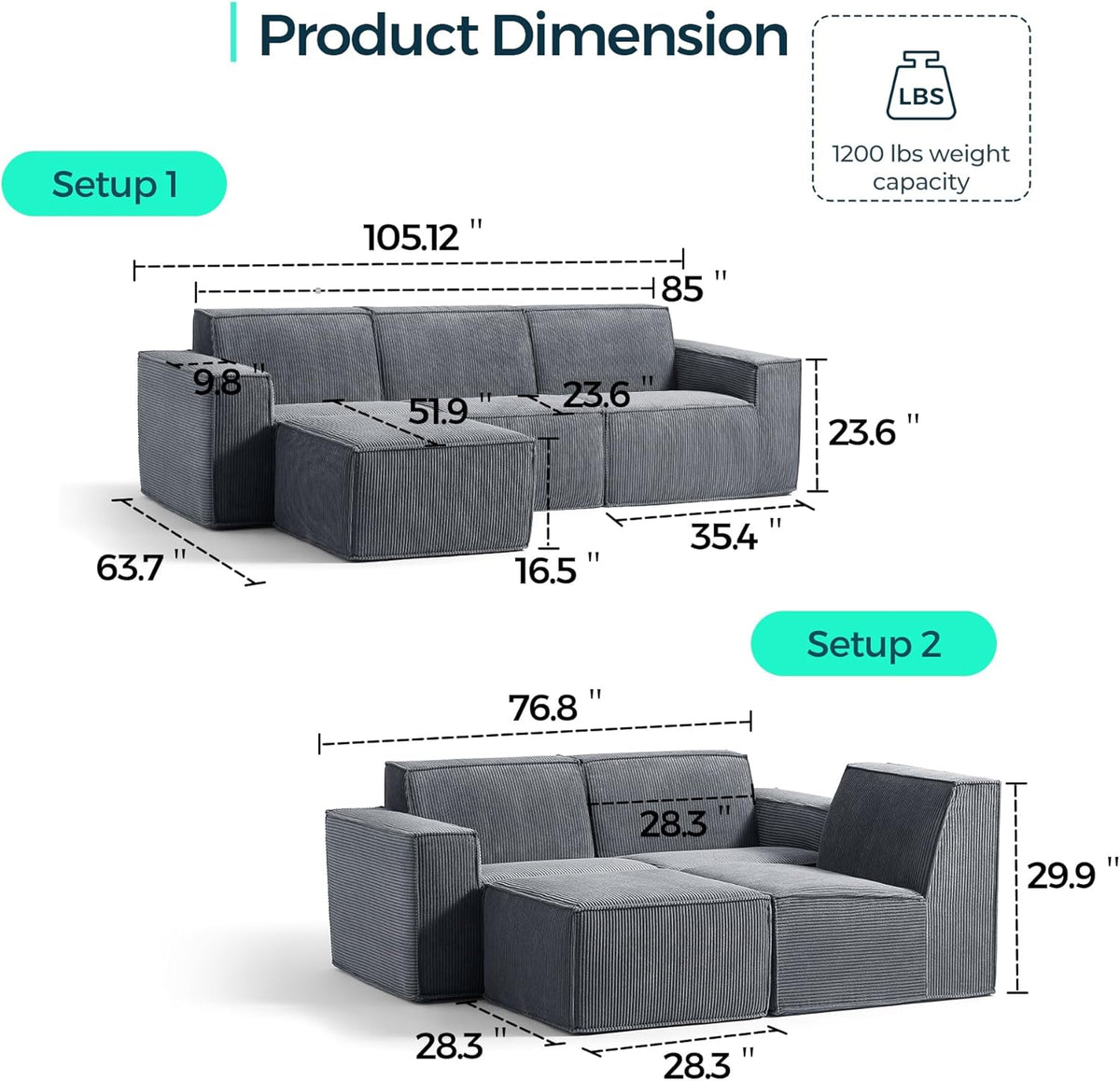 LINSY HOME Oversized Modular Sectional Sofa, 105" Cloud Couch L Shaped 3-Seat Sofa with Ottoman, Corduroy Deep Seat Modular Couches for Living Room, No Assembly Required, Bluish Grey