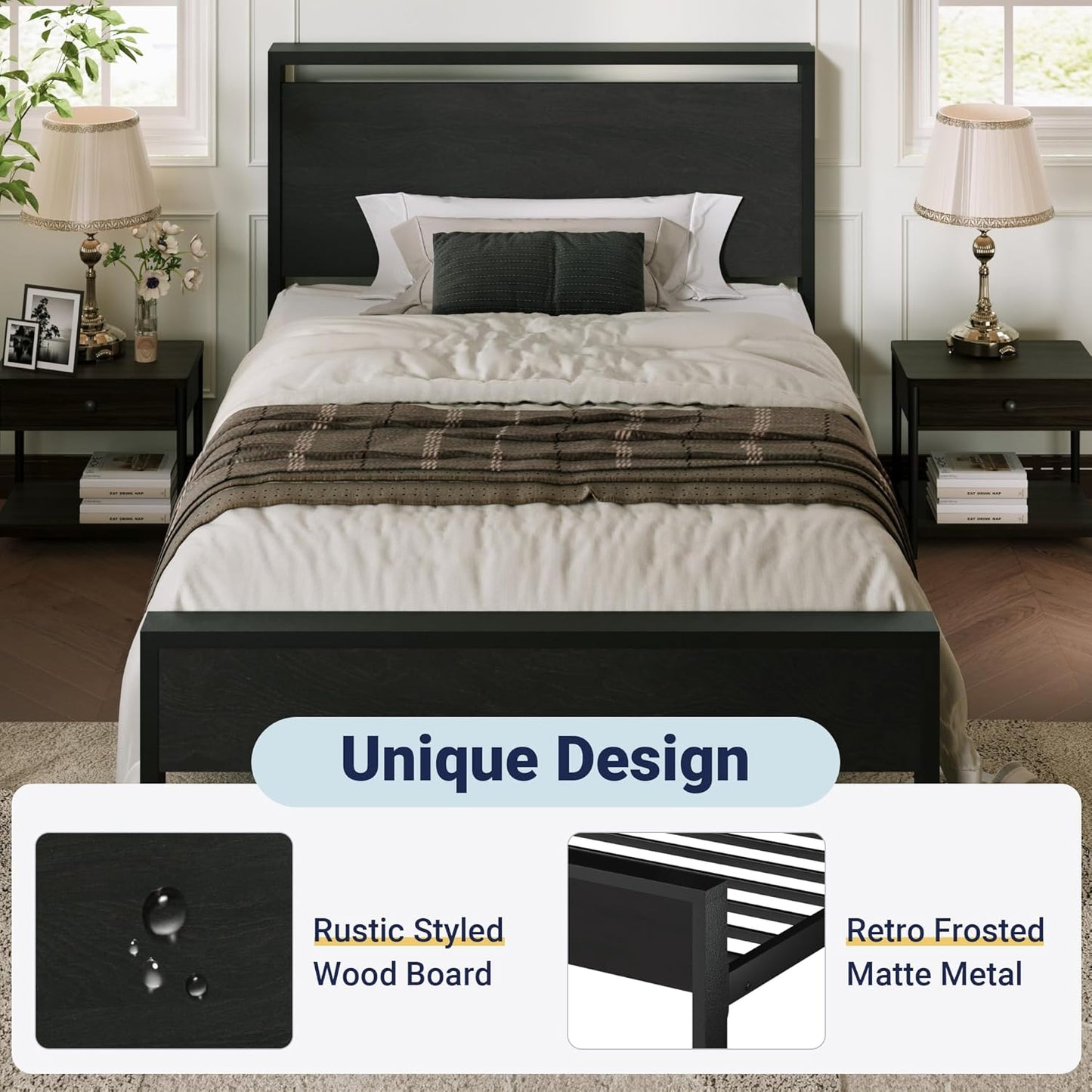 Allewie Twin Size Platform Bed Frame with Wooden Headboard and Footboard, Heavy Duty Metal Slats Support, No Box Spring Needed, Under-Bed Storage, Noise Free, Easy Assembly, Black Oak