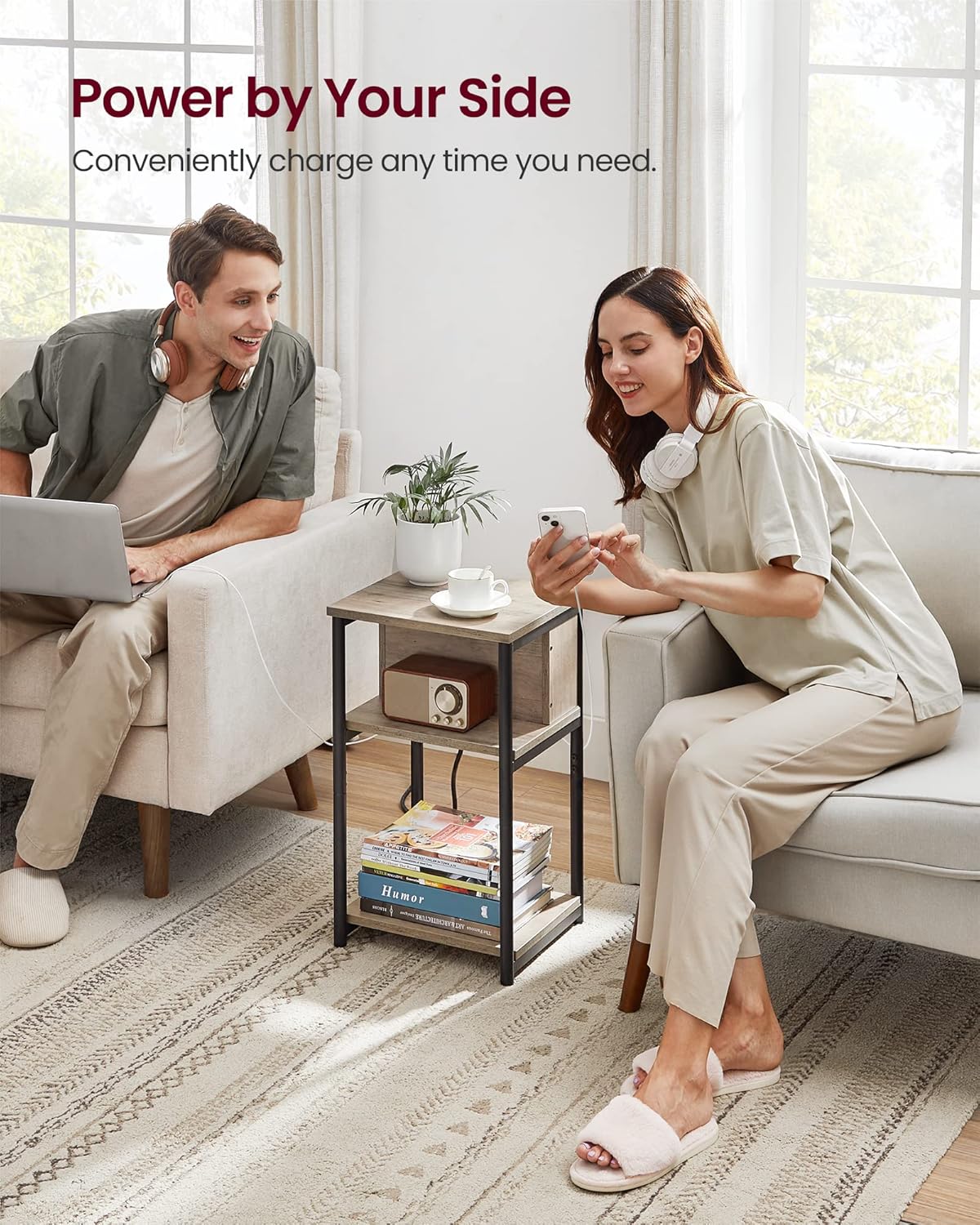 VASAGLE Side Table with Charging Station, 3-Tier End Table with USB Ports and Outlets, Nightstand for Living Room, Bedroom, 11.8 x 13.4 x 22.8 Inches, Plug-in Series, Greige and Black