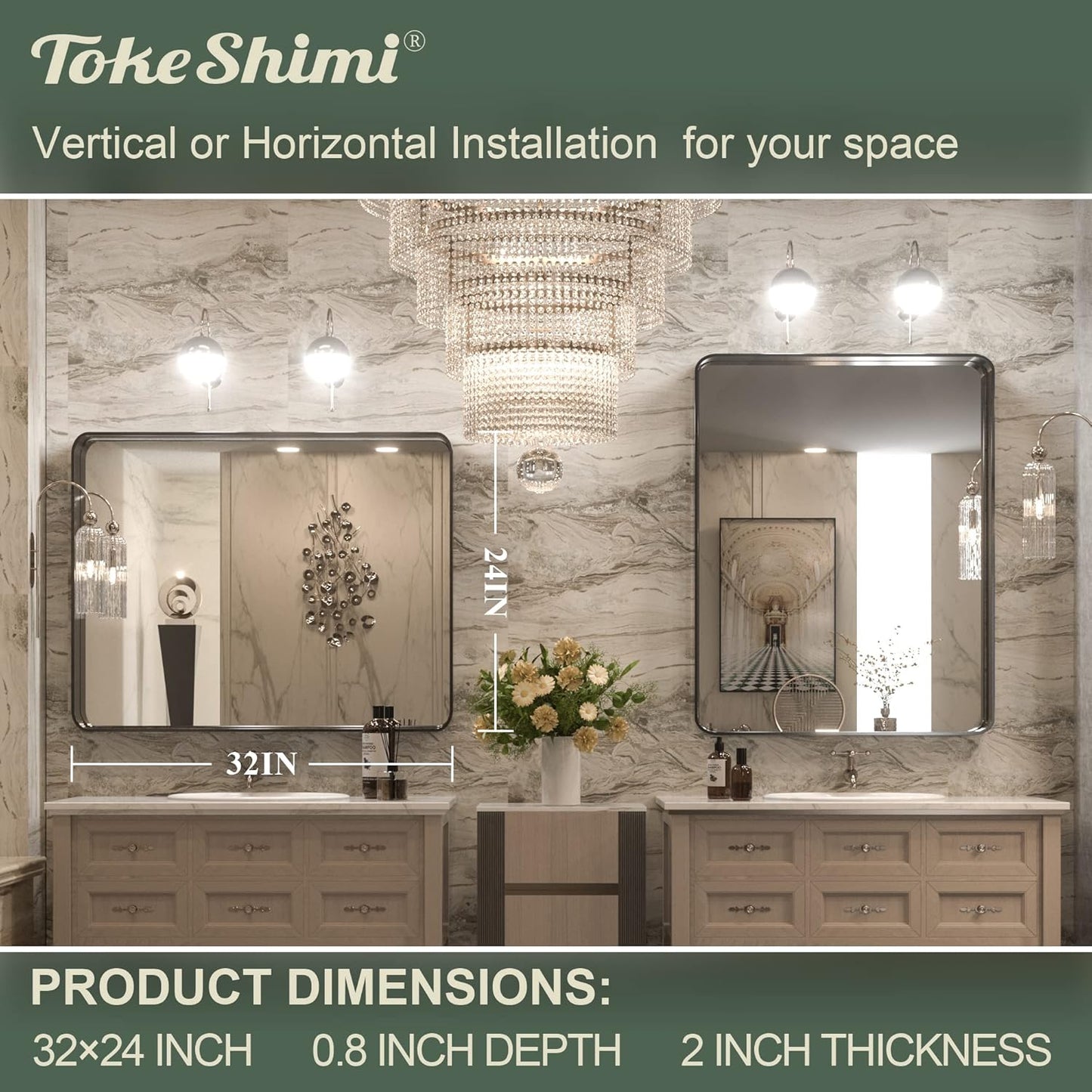 TokeShimi 24 x 32 Inch Black Mirror Wall Mirror for Bathroom Black Metal Frame Decorative Rectangular Wall Mounted Home Decor Corner Hangs (Horizontal/Vertical) Living Room Entryway