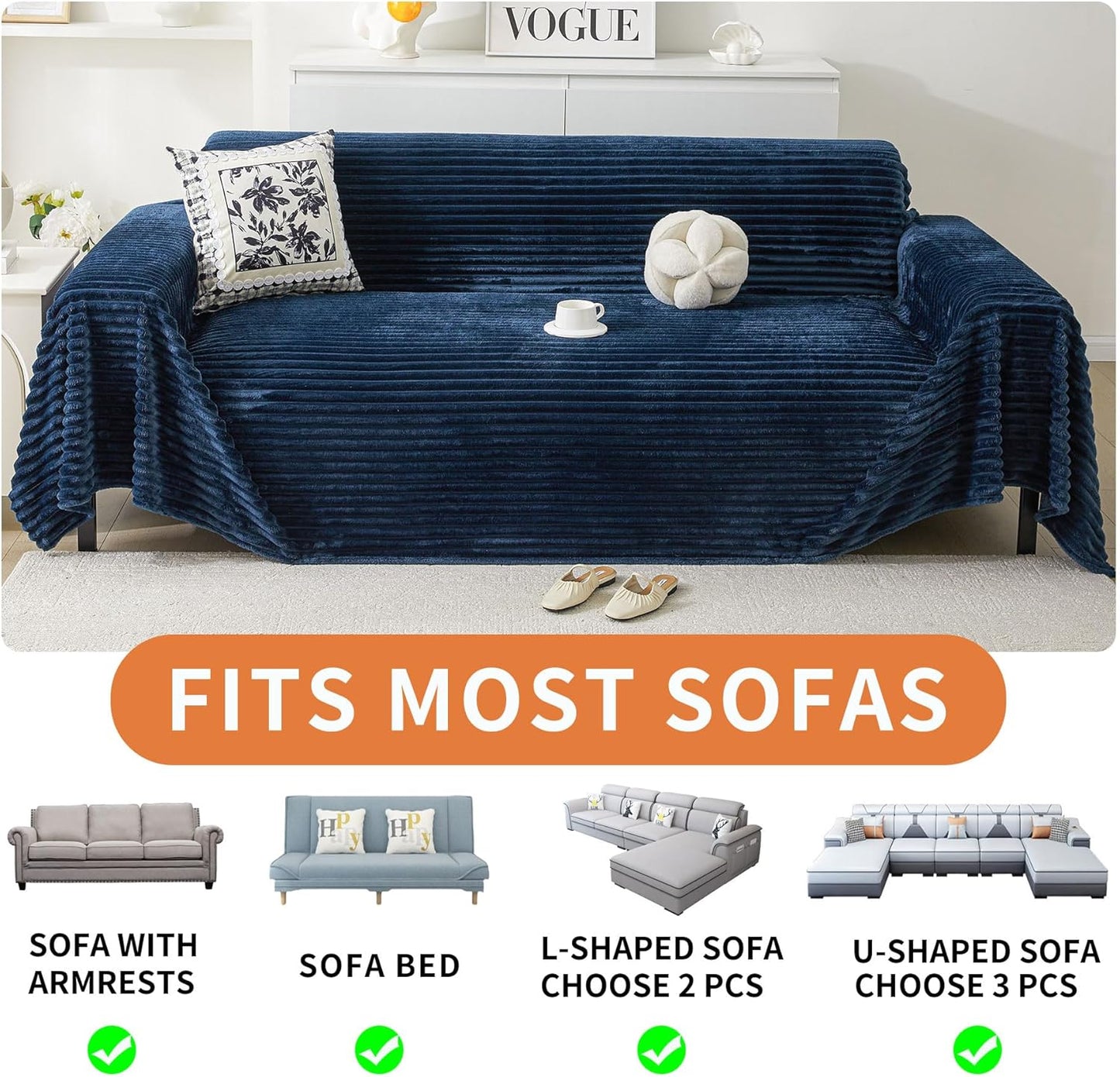 HAOMAIJIA Faux Fur Sofa Covers Couch Covers for 3 Cushion Couch Sofa Pet Friendly Soft Non Slip Couch Cover for Dogs Washable Sectional Couch Covers L Shape Furniture Protector (Navy Blue, 91"x134")