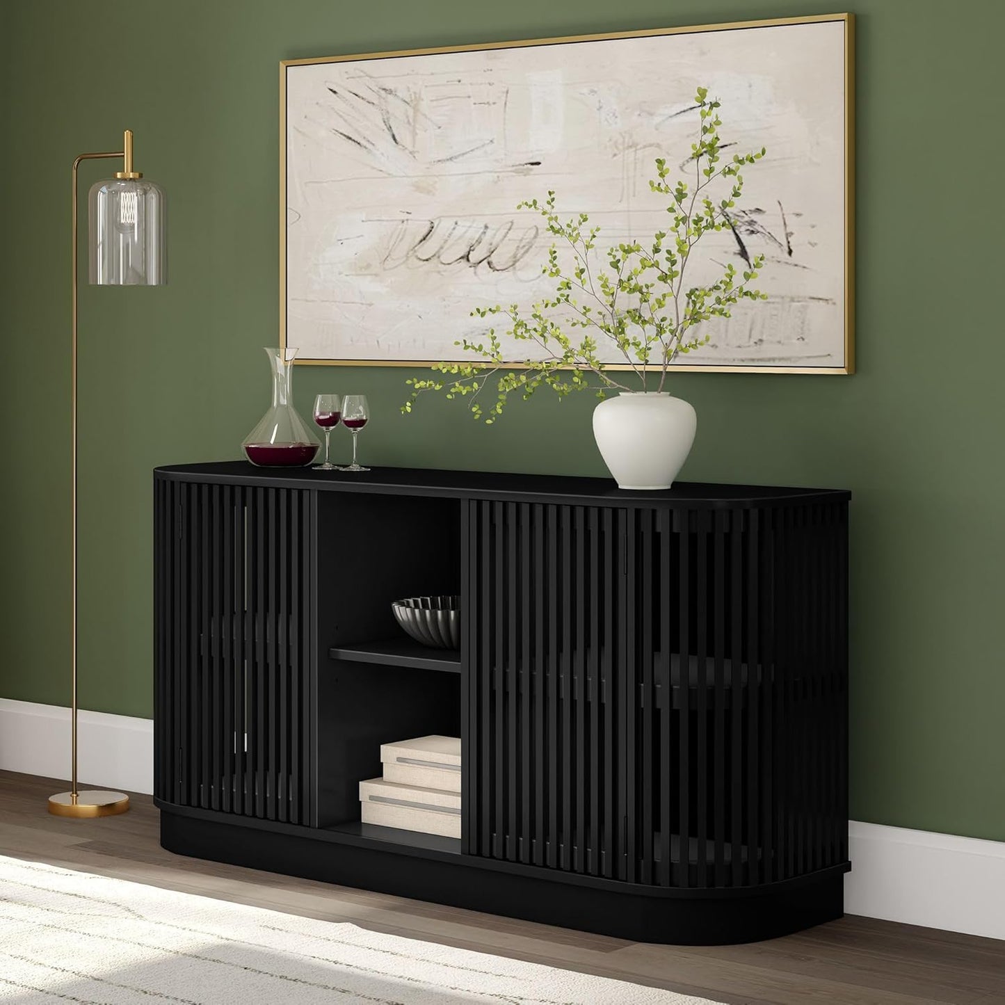 Plank+Beam Contour Wood TV Stand, Two Door Solid Wood Entertainment Console with Storage, 59" L x 16" W x 30" H, Black