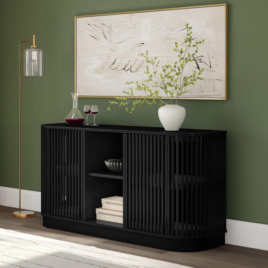 Plank+Beam Contour Wood TV Stand, Two Door Solid Wood Entertainment Console with Storage, 59" L x 16" W x 30" H, Black