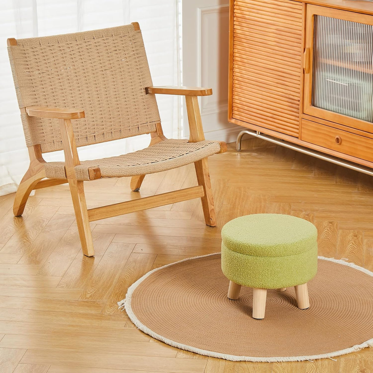 Wimarsbon Storage Ottoman, Modern Round Footrest with Soft Padded Seat, Teddy Velvet Footstool with Wood Legs, Accent Small Table or Plant Stand for Hallway, Living Room (Brilliant Green)