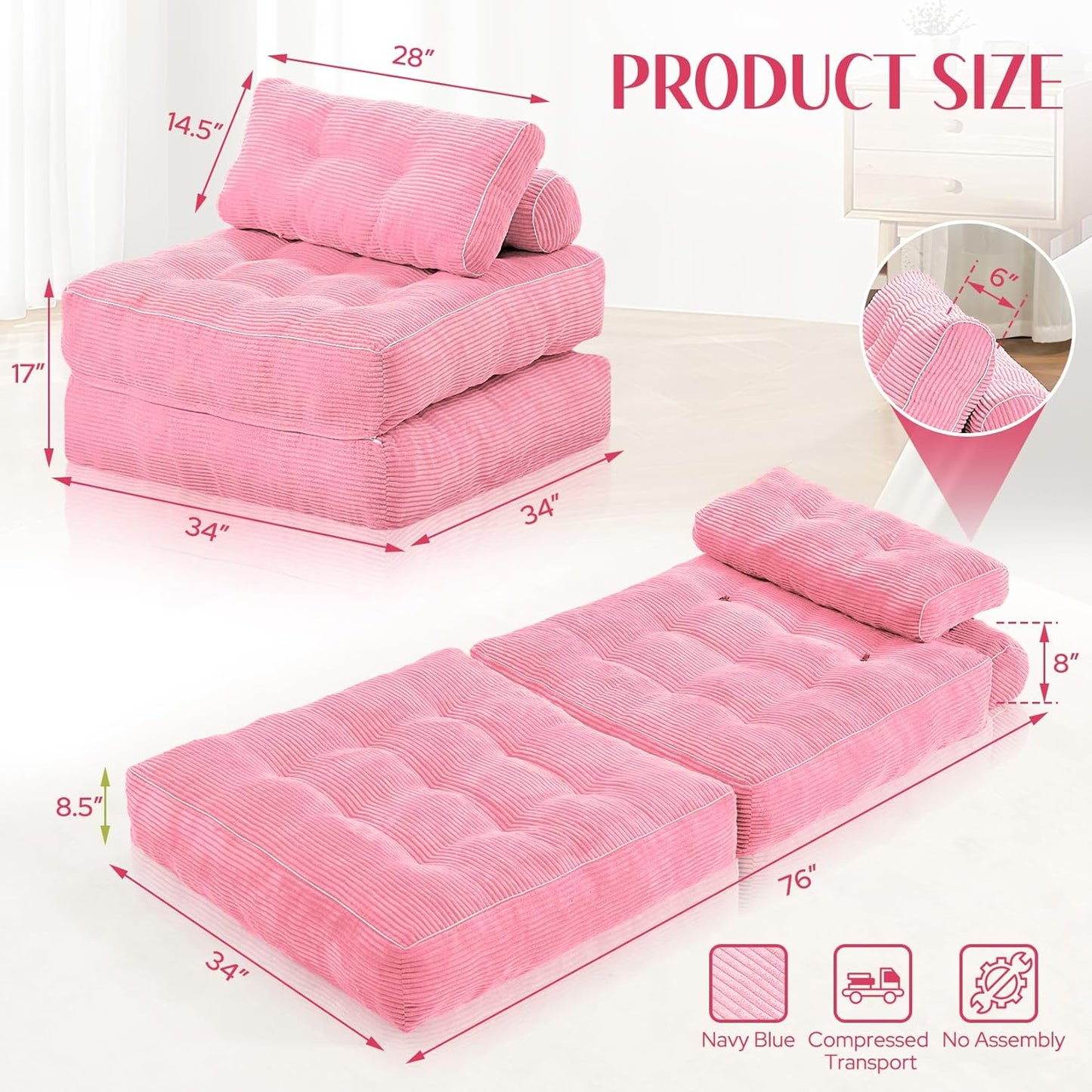 HABUTWAY Folding Sofa Bed, Convertible Sleeper Chair Bed w/Dual-Pillow & Handle, Foldable Floor Sofa Lounge w/Back Support for Living Room, Bedroom, Apartment, Office, Pink