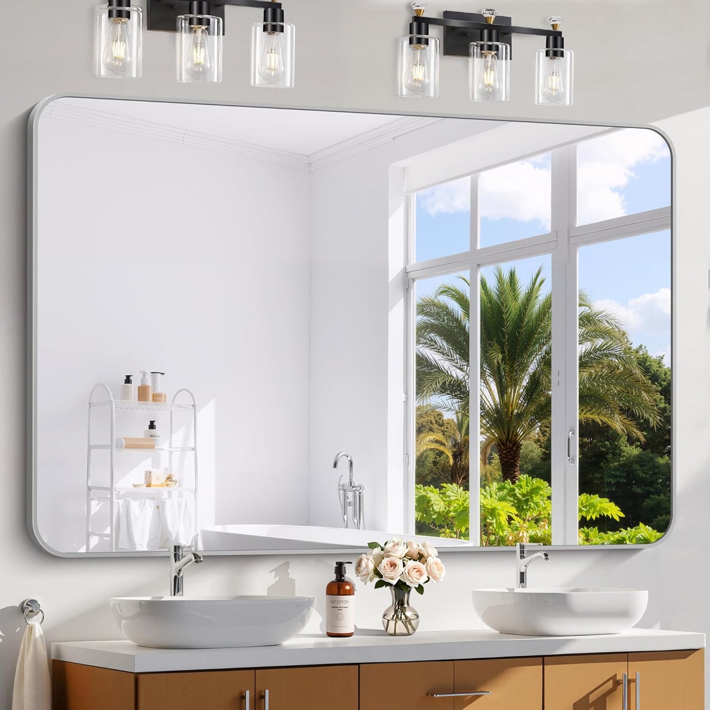 60x40 Inch Silver Bathroom Mirror, Large Rectangle Mirror, Metal Framed Rectangular Vanity Mirror, Rounded Corner Wall Mounted Mirror for Living Room Bedroom Entryway Horizontal or Vertical