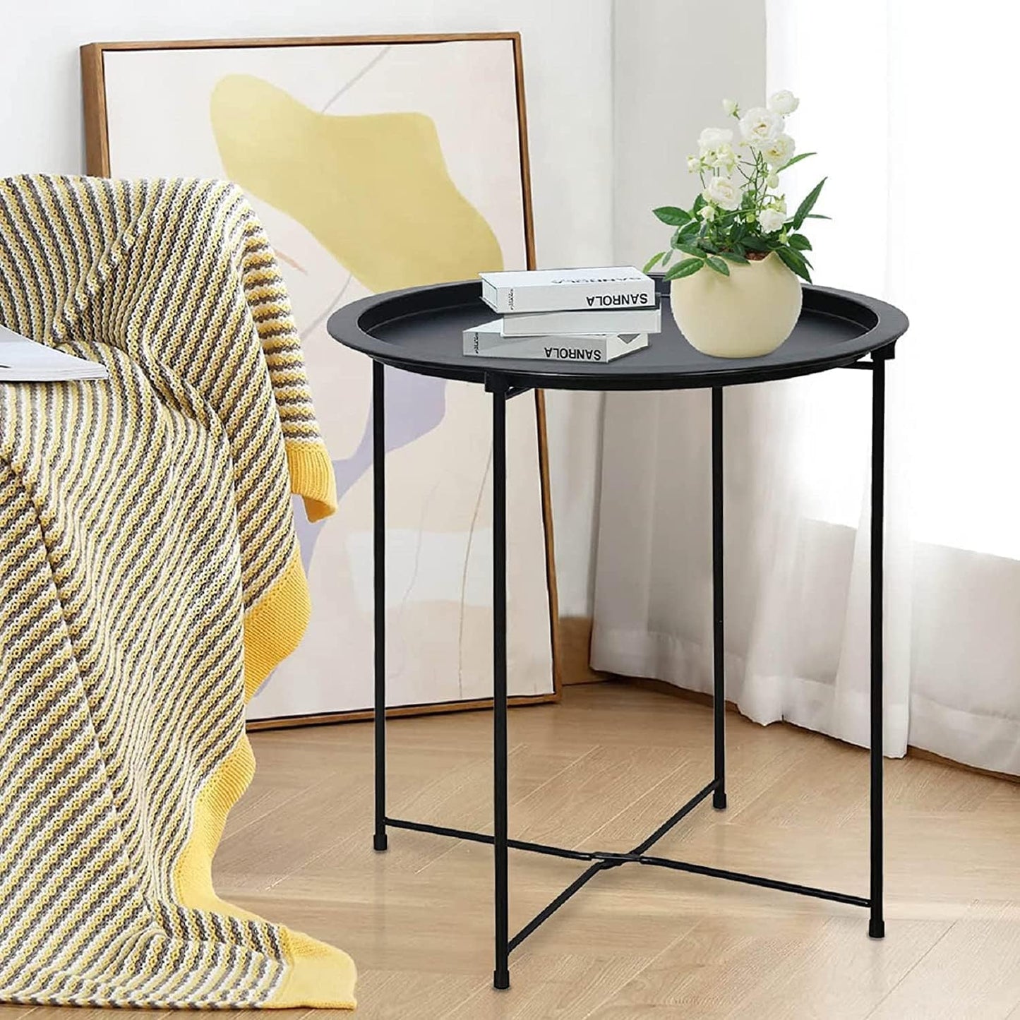 Garden 4 you End Table 2 PCS Metal Side Table Black Round Folding Tray Cyan Sofa Small Accent Fold-able Table, Round End Table Tray, Next to Sofa Table, Snack Table for Living Room and Bed Room