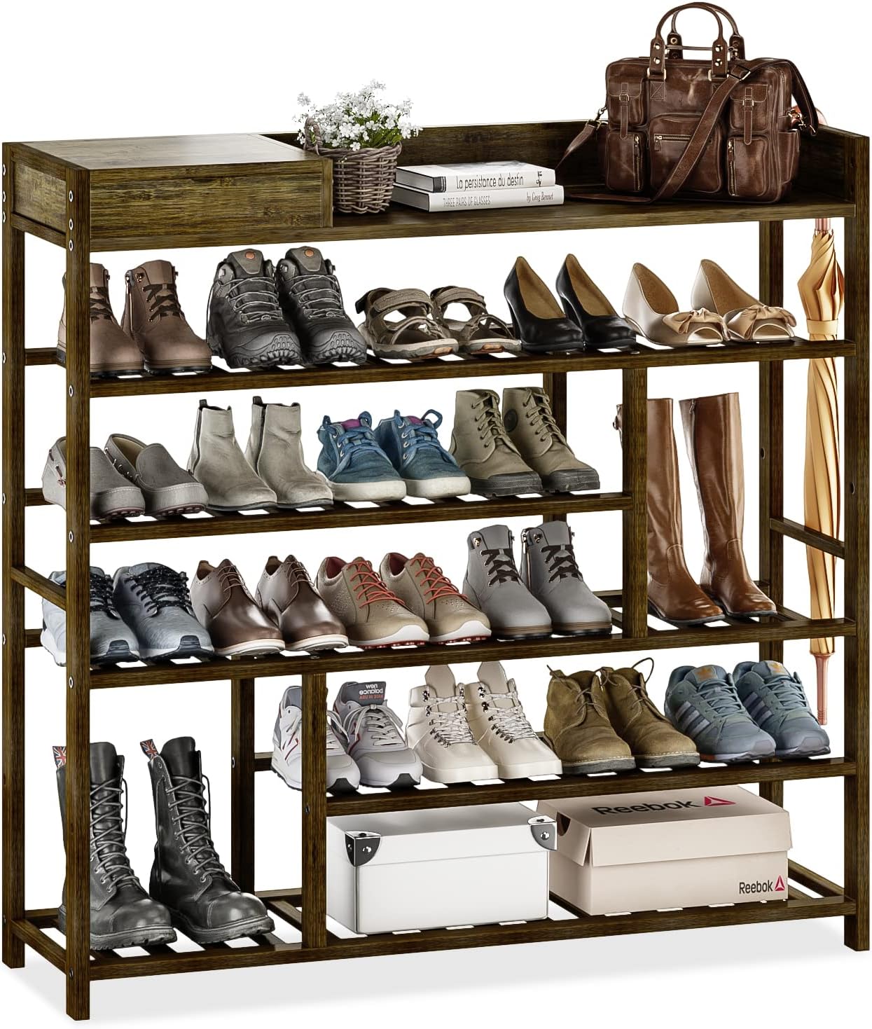 Bamworld Shoe Rack for Front Door Entrance Bamboo Shoe Organizer with Storage Box Free Standing Shoe Cabinet Wooden Shoe Storage Shelf for entryway, Closet and Doorway (Dark Brown)