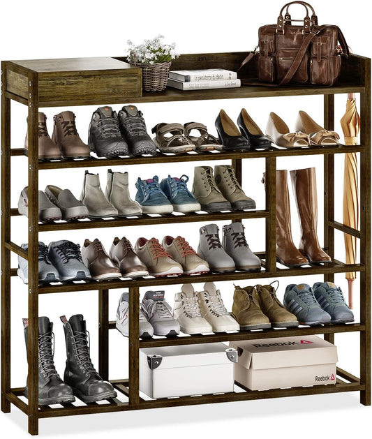 Bamworld Shoe Rack for Front Door Entrance Bamboo Shoe Organizer with Storage Box Free Standing Shoe Cabinet Wooden Shoe Storage Shelf for entryway, Closet and Doorway (Dark Brown)