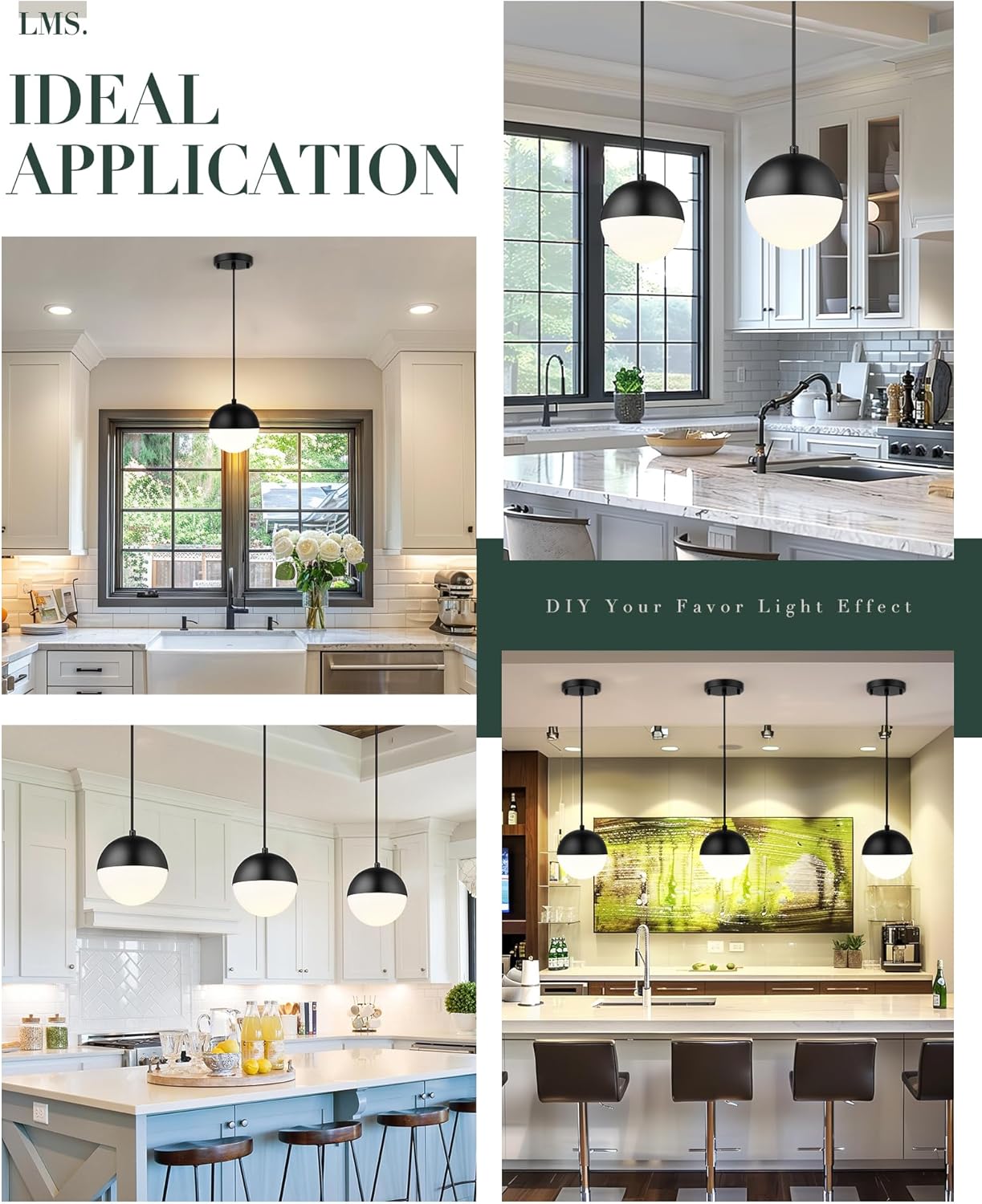 LMS 6-inch Mid Century Pendant Light, Matte Black Pendant Light Fixtures with White Globe Glass, Adjustable Hanging Ceiling Light Fixtures for Dining Room Living Room Bedroom, LMS-186BKS