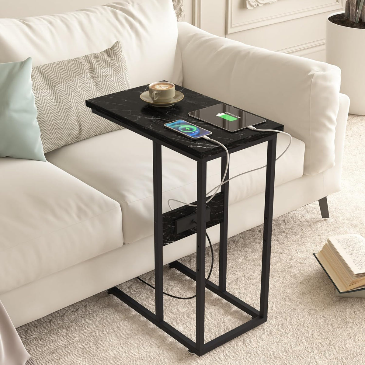 VECELO C Shaped End Side Table with Charging Station & Power Outlets for Couch Sofa/Bed Snack TV Tray with Metal Frame for Living Room Bedroom 1 Set, Black Marble